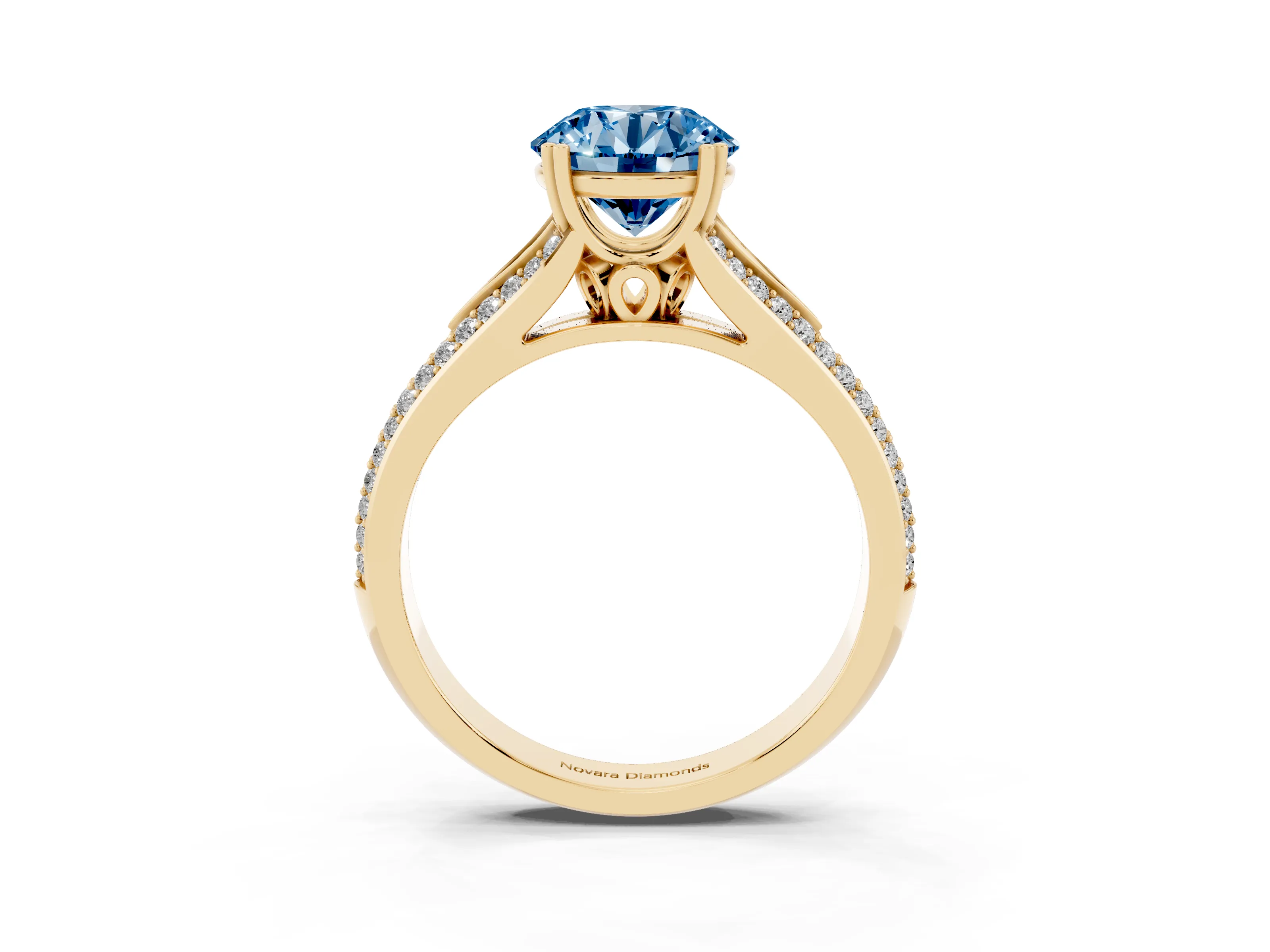Fancy Blue Round Cut Diamond Split Shank Pavé Engagement Ring Set in Yellow gold with Prong-Set Center Stone
