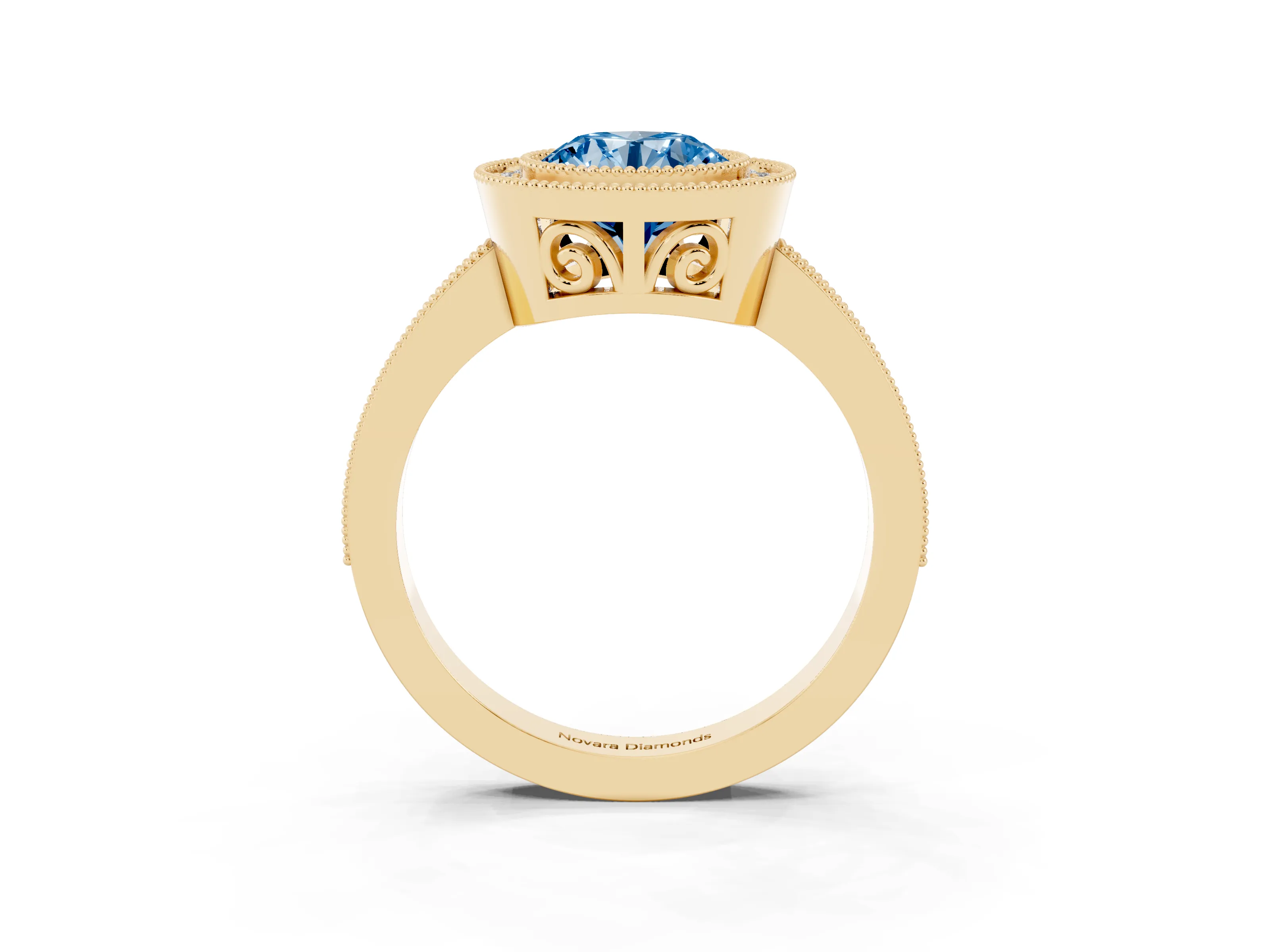 Fancy Blue Round Cut Diamond Round Halo Ring Set in Yellow gold with Pavé Band