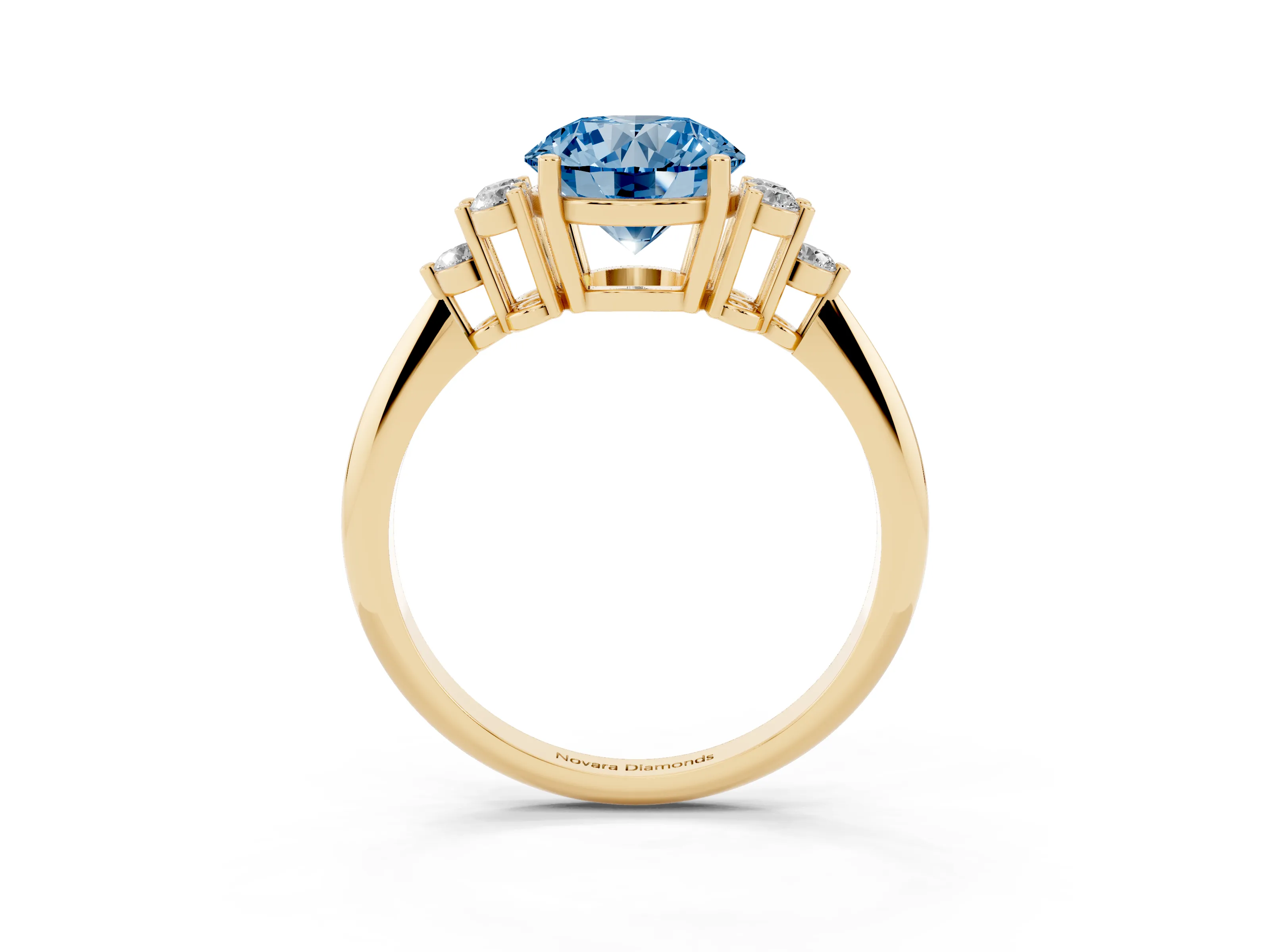 Fancy Blue Round Cut Diamond Cluster Ring Set in Yellow gold with Plain Band and Prong Setting