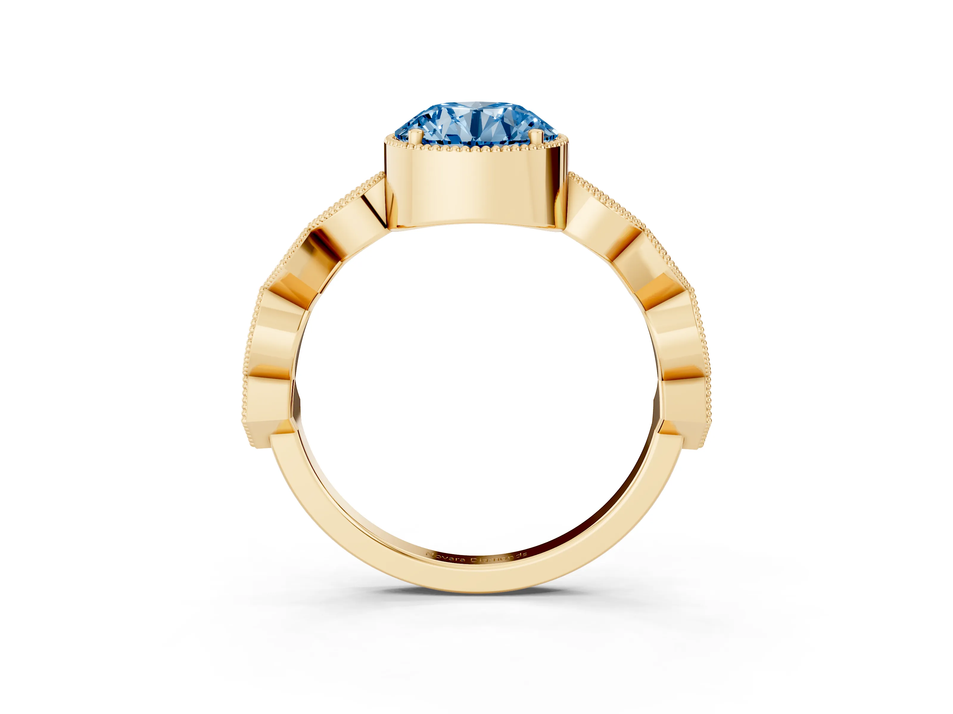 Fancy Blue Round Cut Diamond Milgrain Marquise Twist Band Ring Set in Yellow gold with Prong Setting