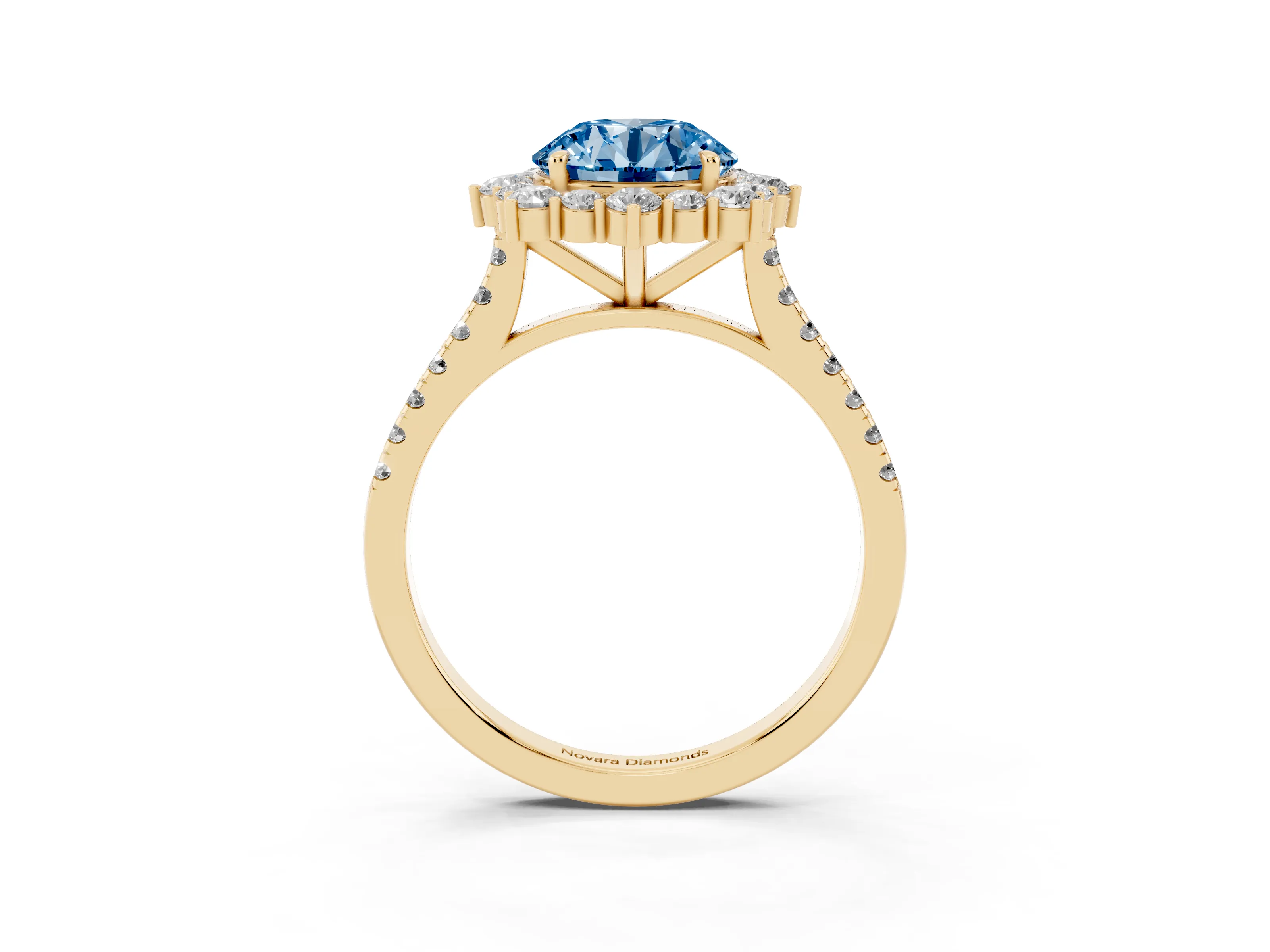 Fancy Blue Round Cut Diamond Halo Ring Set in Yellow gold with Pavé Band and Prong Setting