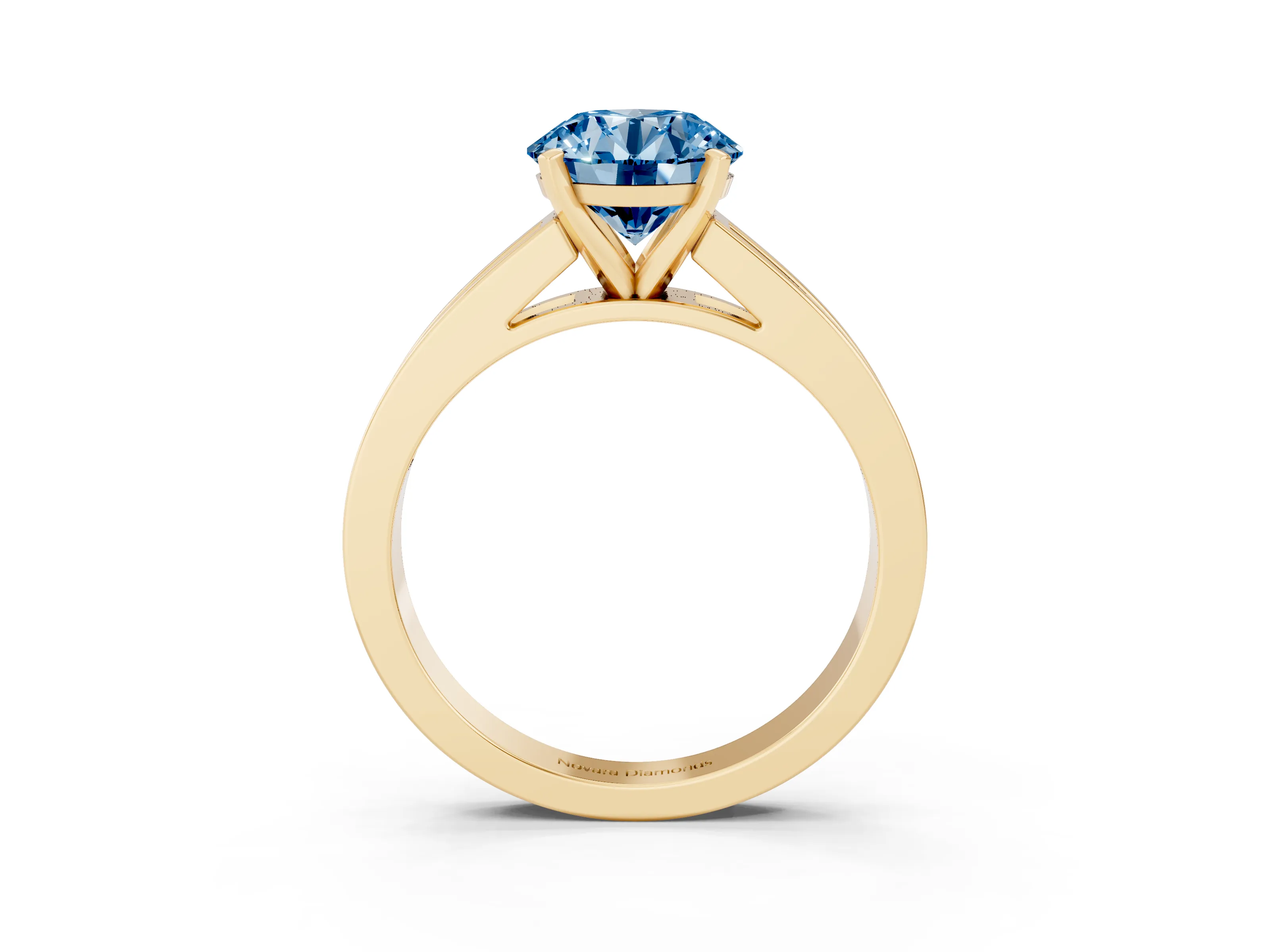 Fancy Blue Round Cut Diamond Solitaire Ring Set in Yellow gold with Channel-Set Band and Prong Setting
