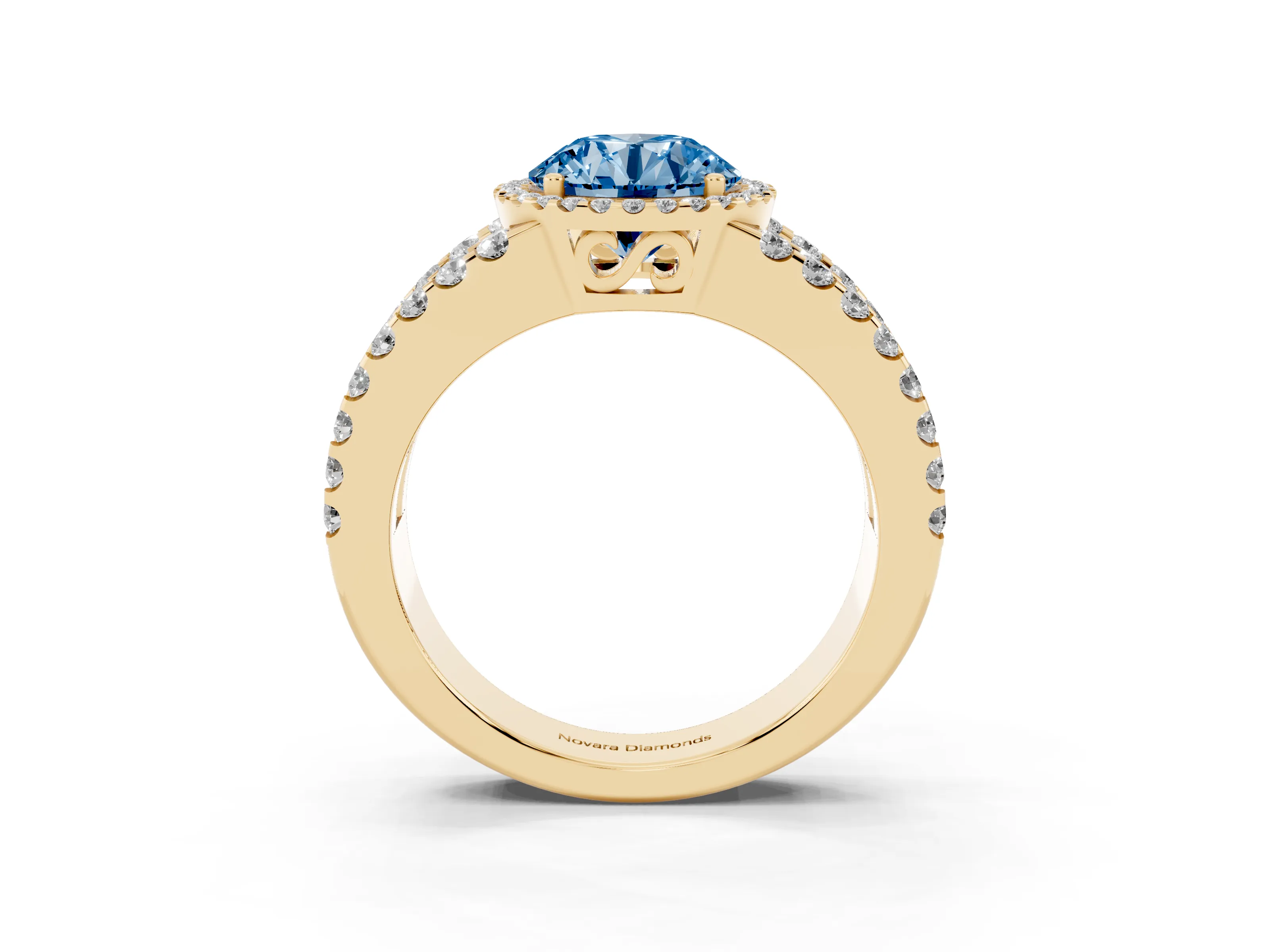 Fancy Blue Round Cut Diamond Halo Ring Set in Yellow gold with Pavé Split Shank and Prong Setting