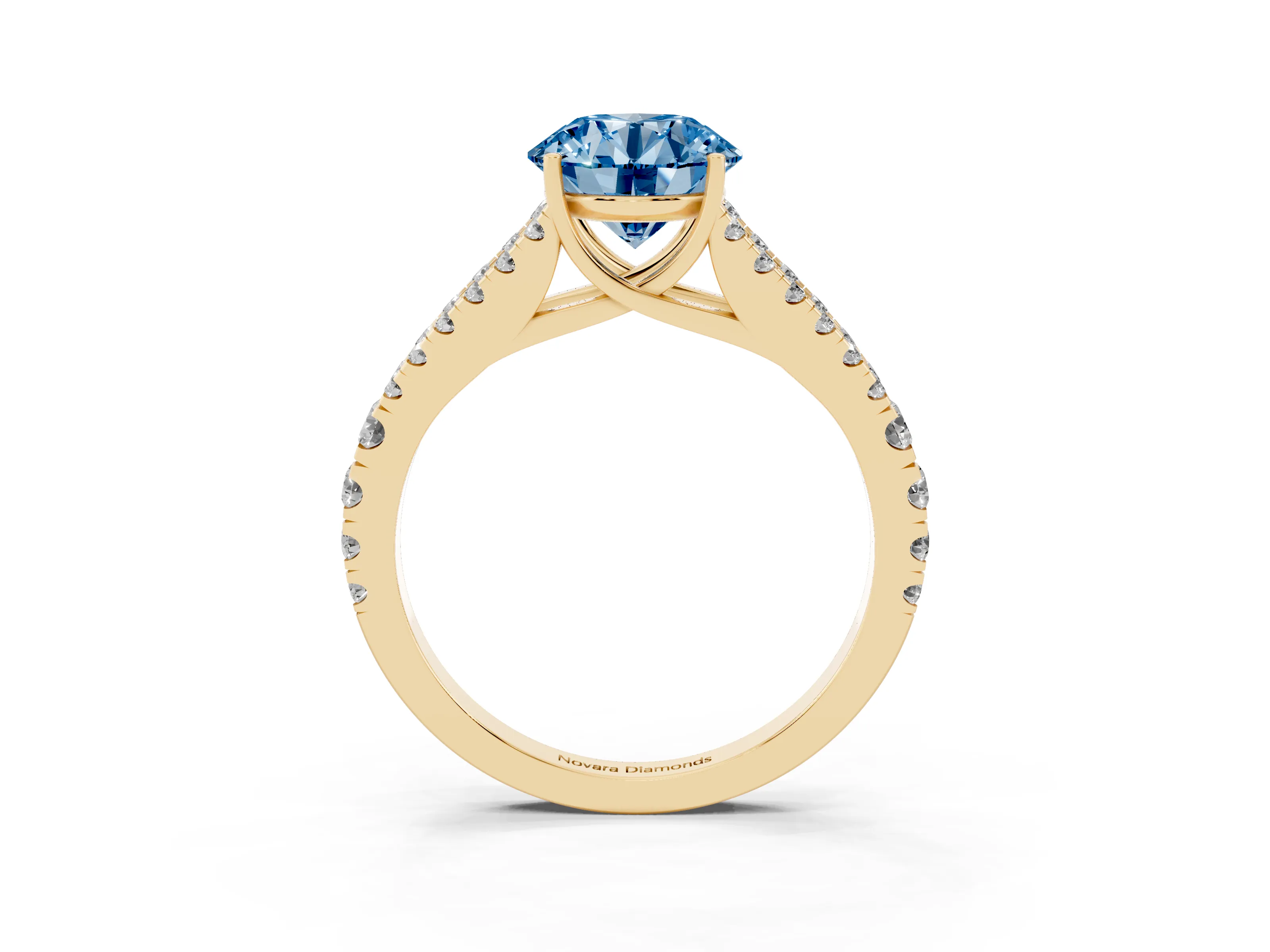Fancy Blue Round Cut Diamond Split Shank Pavé Engagement Ring Set in Yellow gold with Prong-Held Center Stone