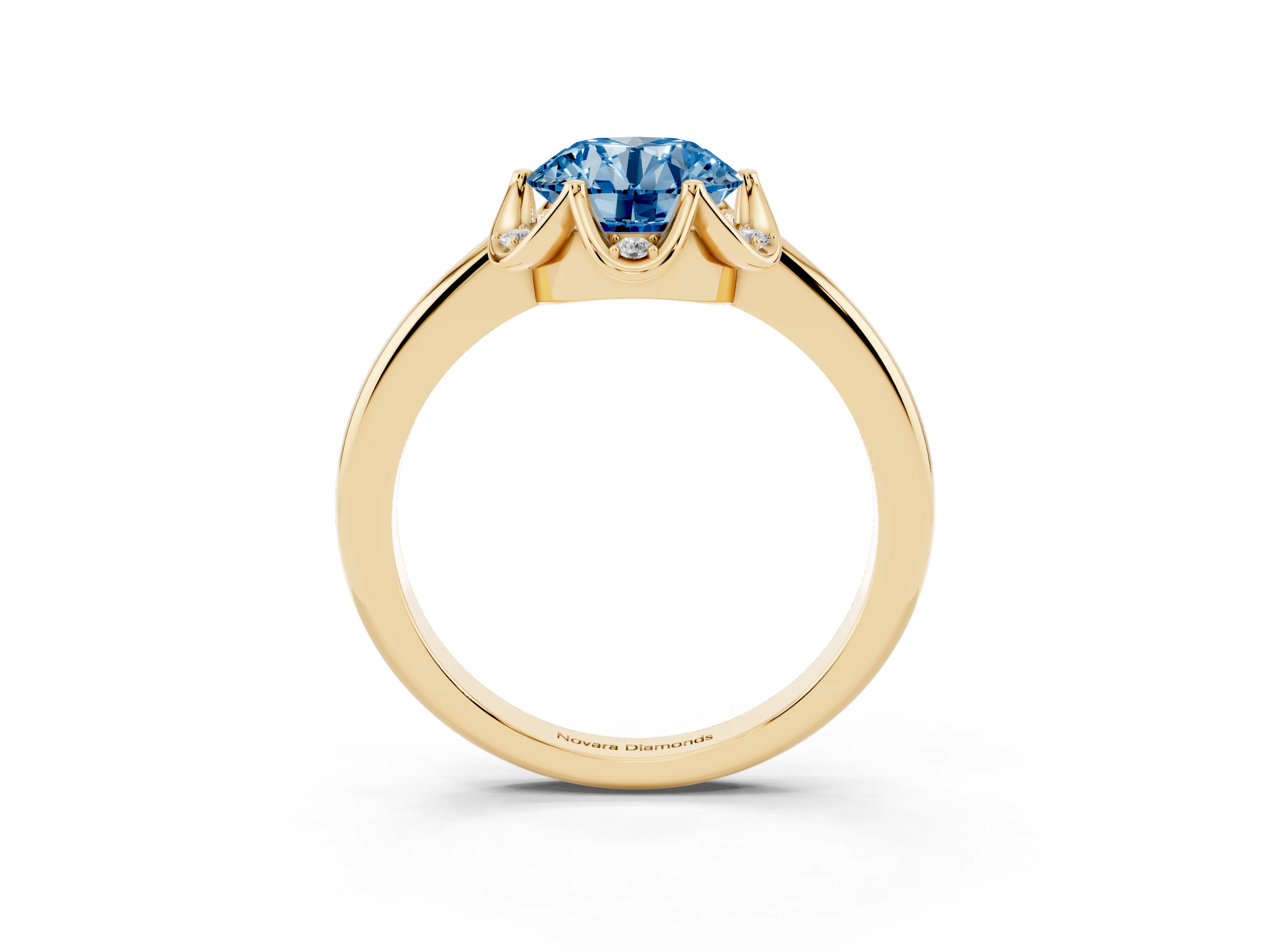 Fancy Blue Round Cut Diamond Round Cluster Halo Ring Set in Yellow gold with Solitaire Band and Prong Setting