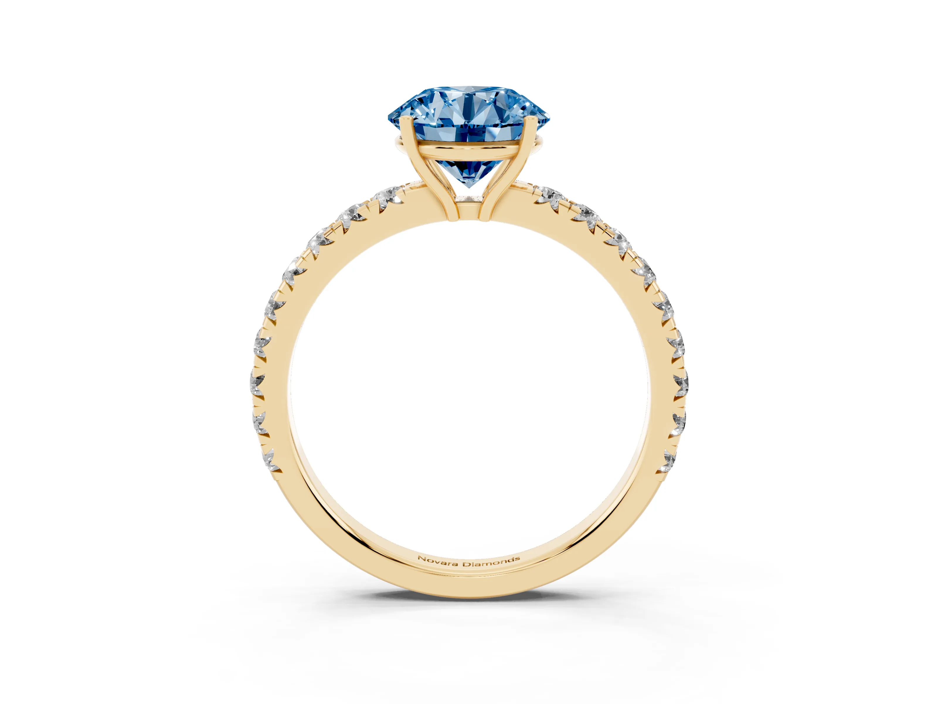 Fancy Blue Round Cut Diamond Pavé Solitaire Engagement Ring Set in Yellow gold with Prong Setting