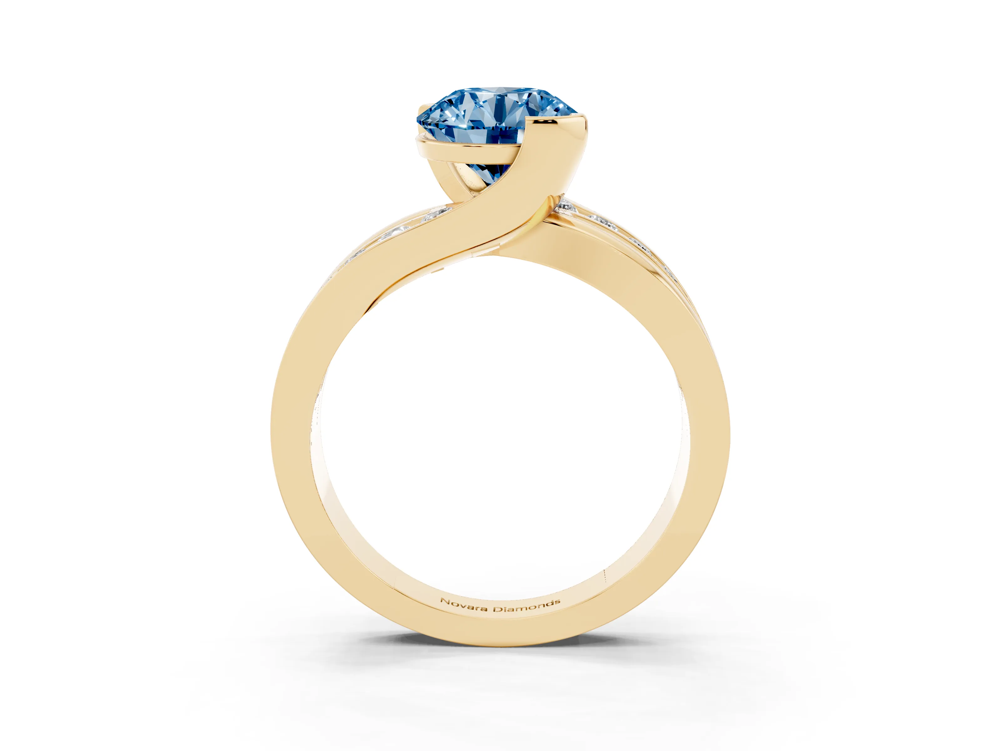 Fancy Blue Round Cut Diamond Solitaire Ring Set in Yellow gold with Channel Set Split Shank and Tension Prongs