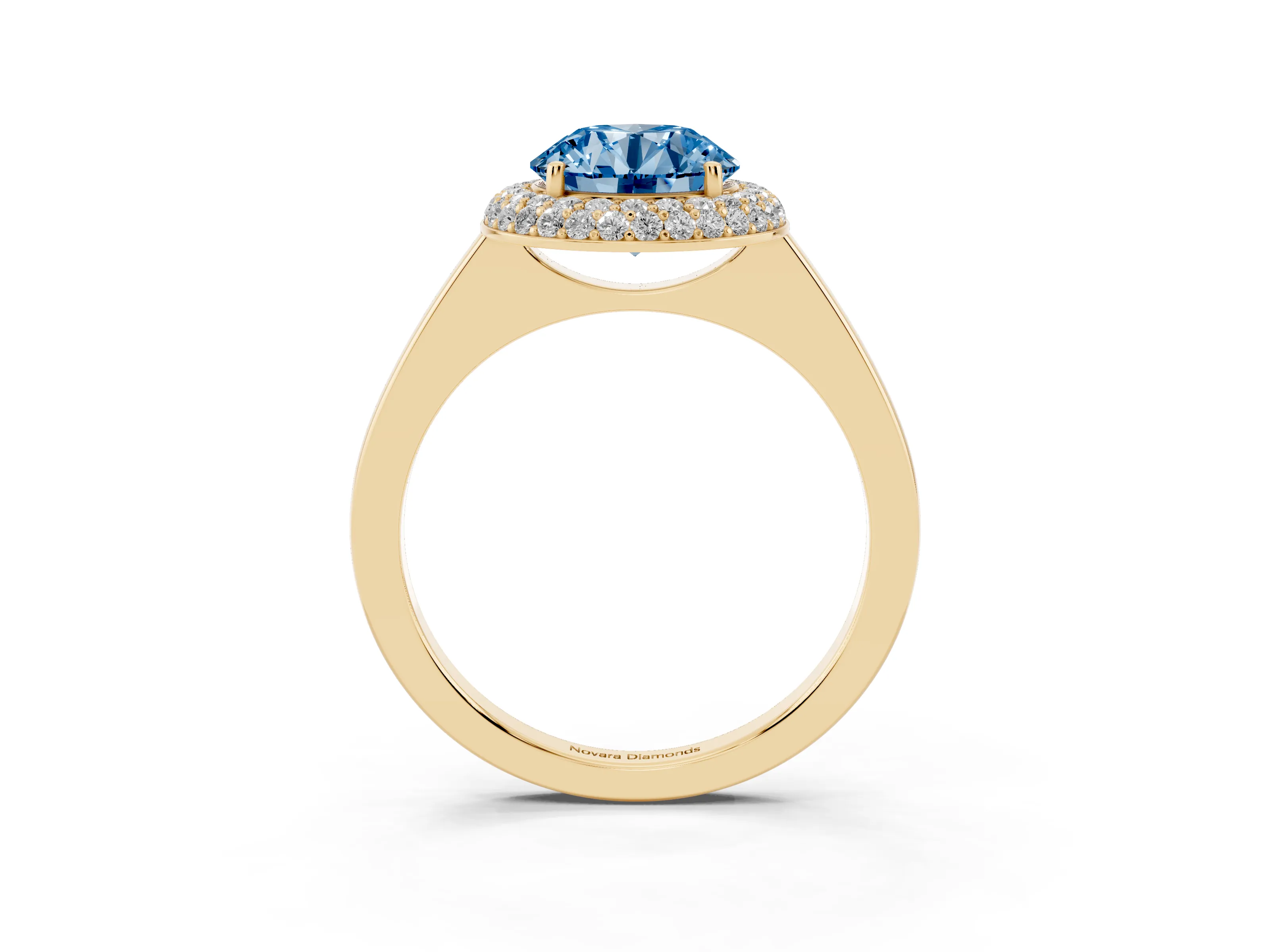 Fancy Blue Round Cut Diamond Halo Engagement Ring Set in Yellow gold with Solitaire Band and Prong Setting