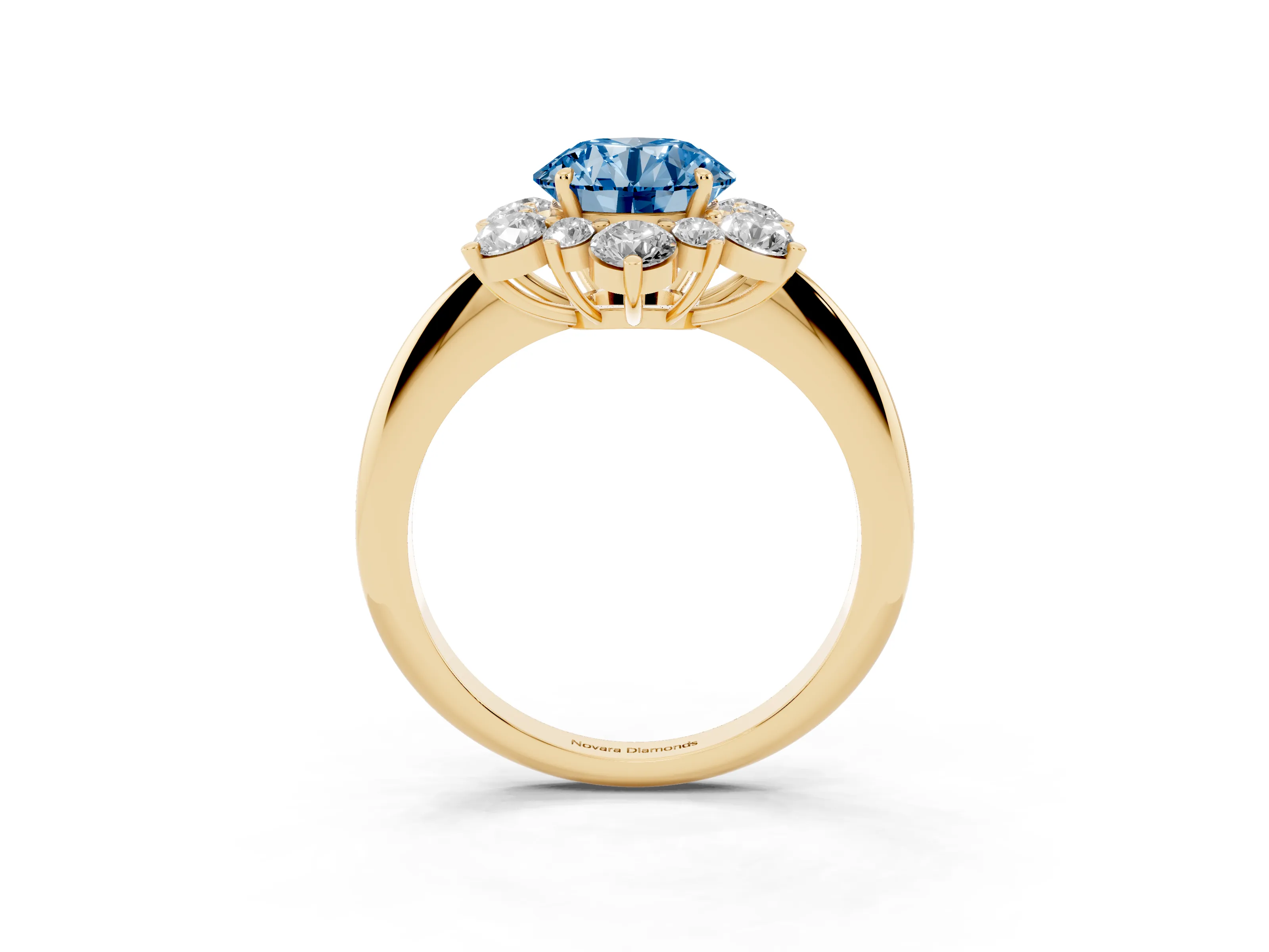 Fancy Blue Round Cut Diamond Cluster Halo Ring Set in Yellow gold with Solitaire Band and Prong Setting