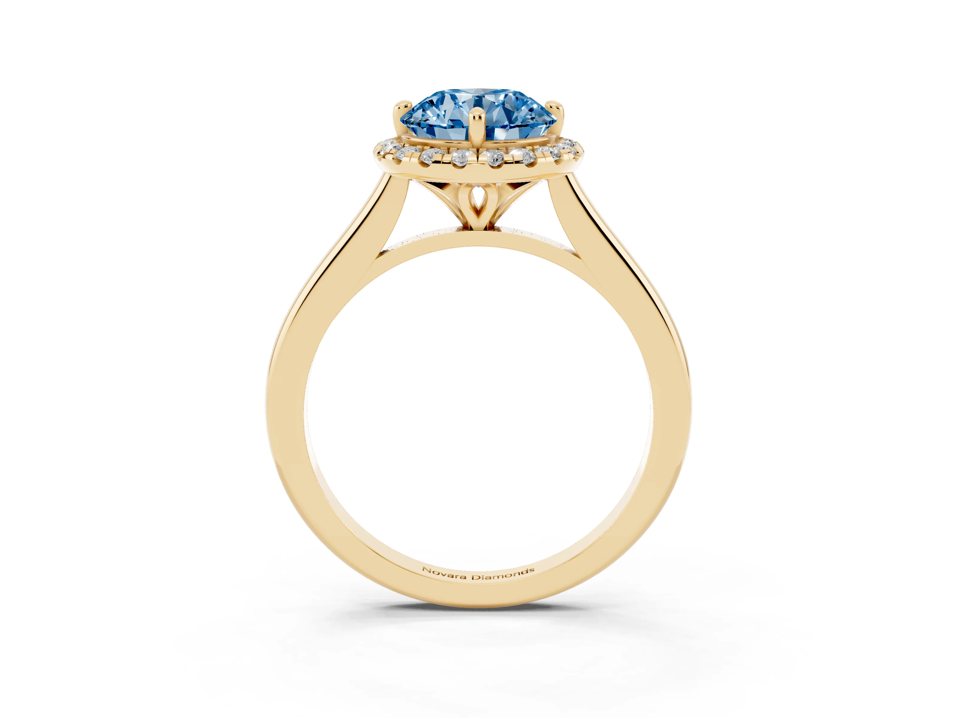 Fancy Blue Round Cut Diamond Halo Engagement Ring Set in Yellow gold with Pavé Band and Rising Shoulders