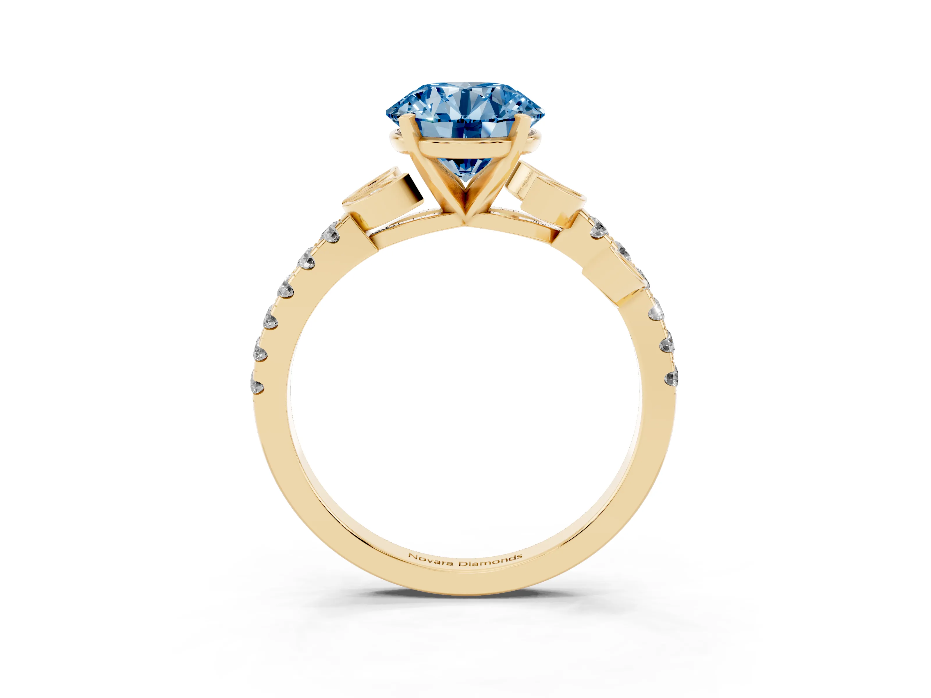 Fancy Blue Round Cut Diamond Solitaire Leaf-Inspired Ring Set in Yellow gold with Pavé Band and Prong Setting