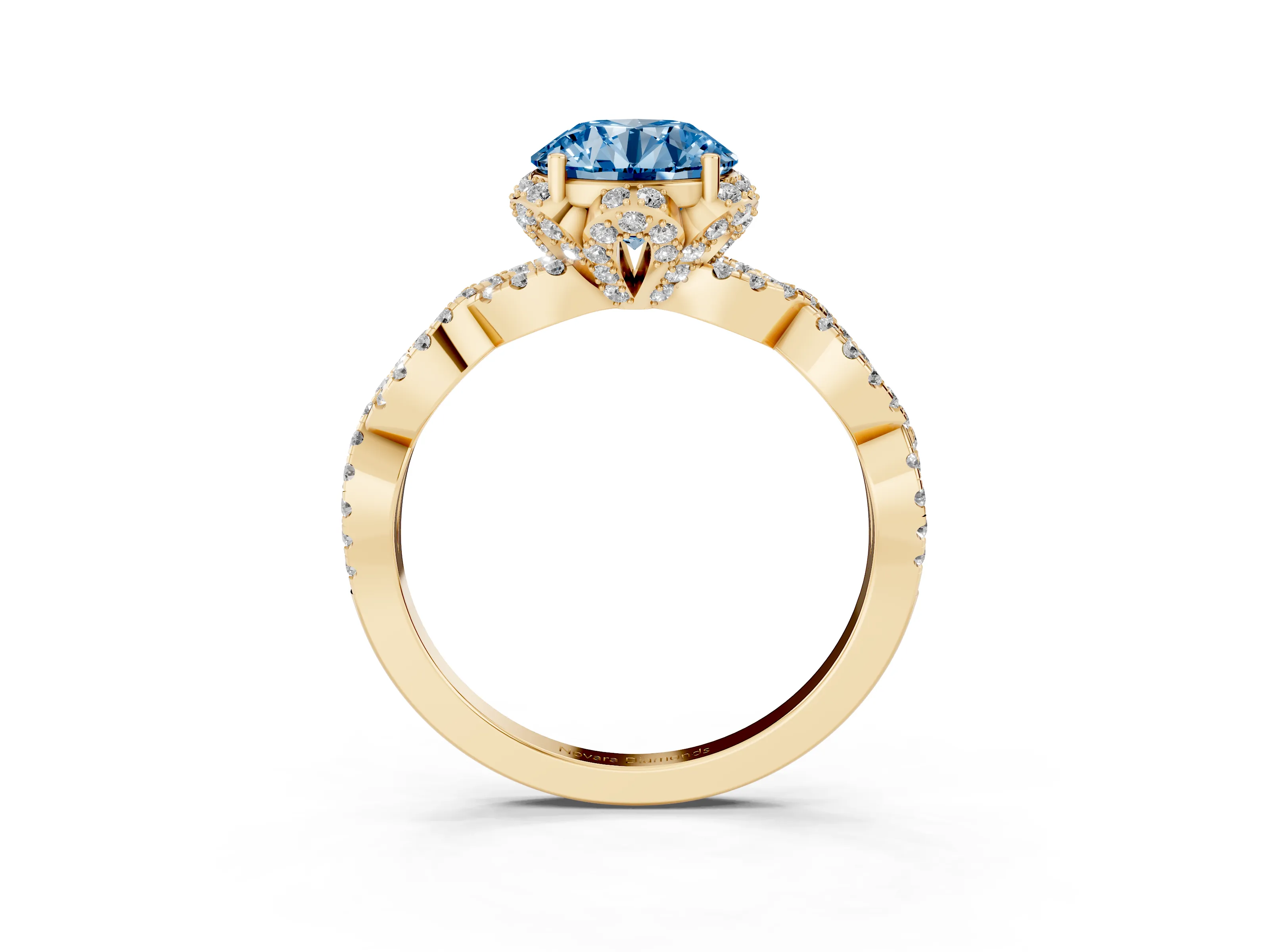 Fancy Blue Round Cut Diamond Halo Twist Band Solitaire Ring Set in Yellow gold with Prong-Set Center Stone