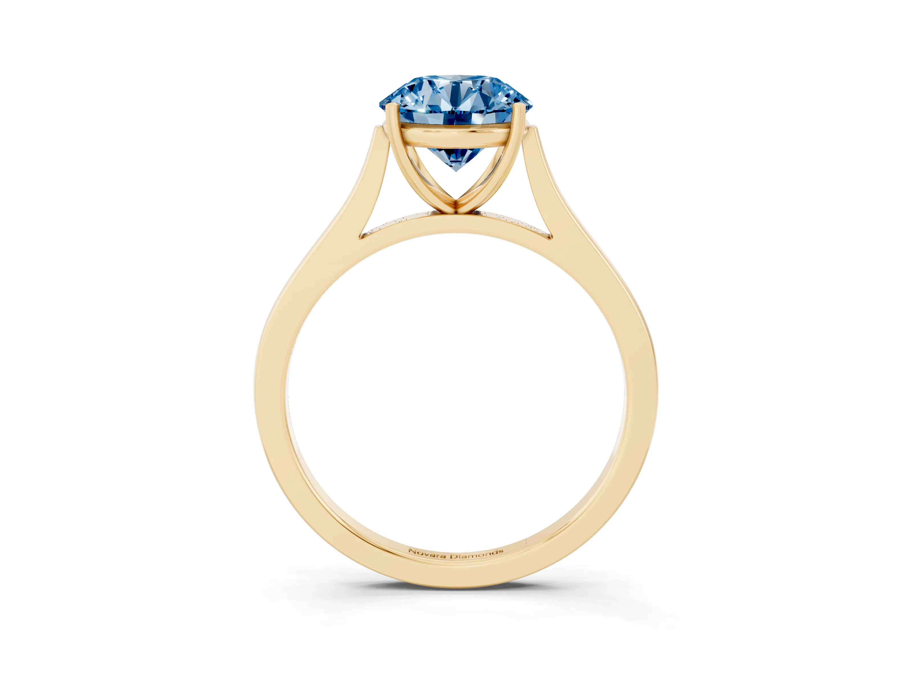 Fancy Blue Round Cut Diamond Solitaire Heart Prong Engagement Ring Set in Yellow gold with Tapered Band
