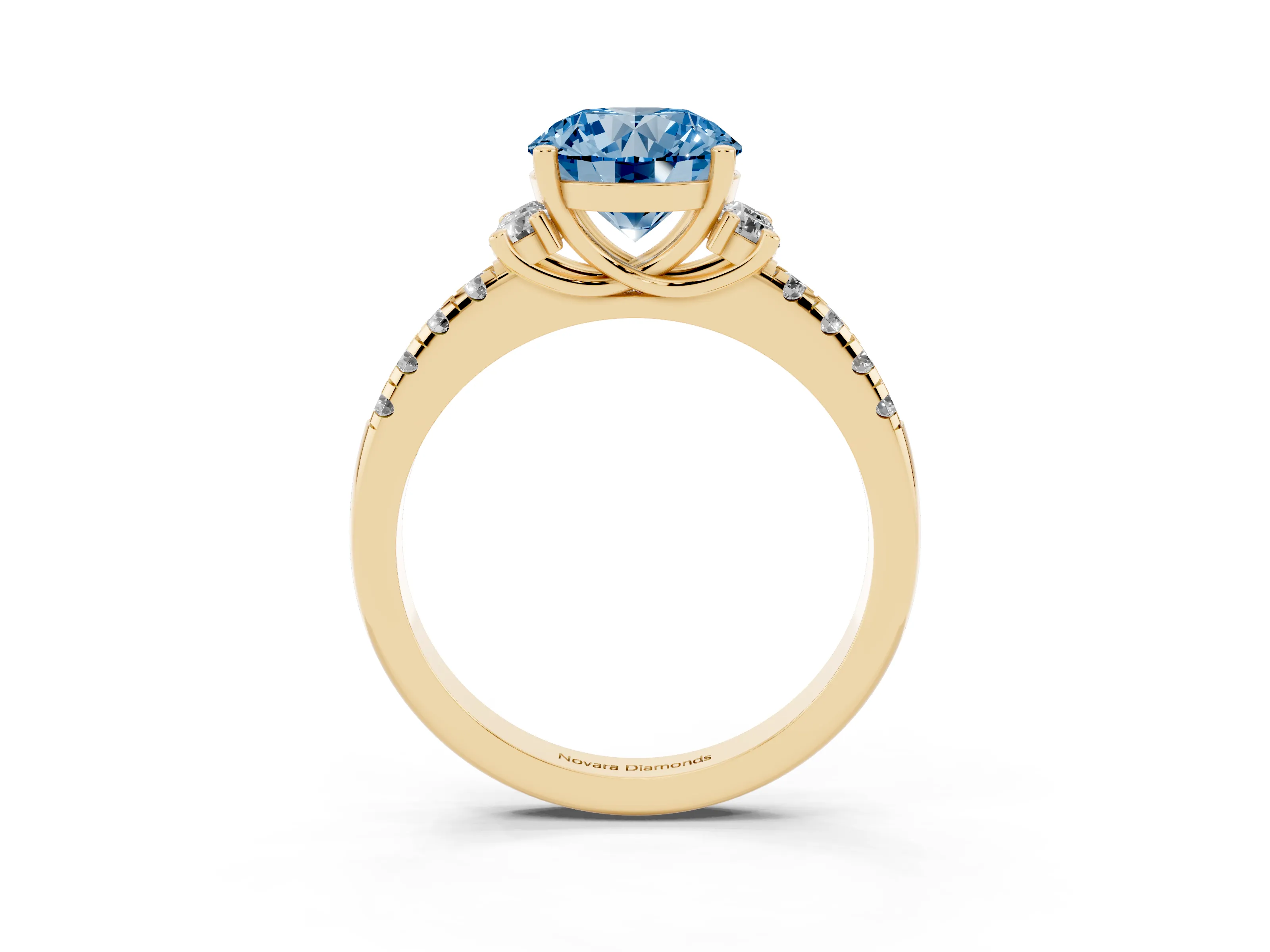 Fancy Blue Round Cut Diamond Three-Stone Pavé Ring Set in Yellow gold with Prong Setting