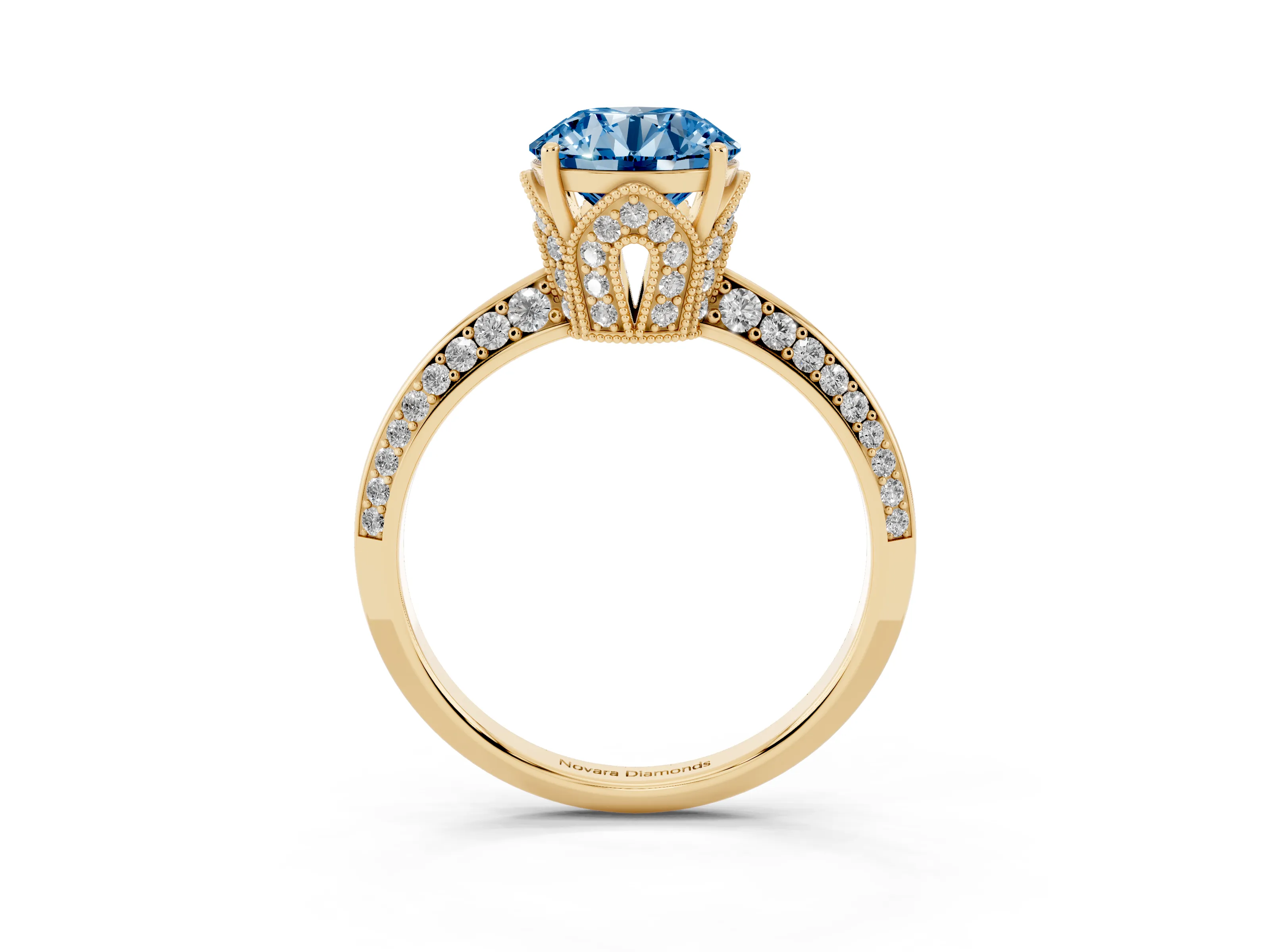 Fancy Blue Round Cut Diamond Solitaire Engagement Ring Set in Yellow gold with Pavé Split Shank and Prong Setting