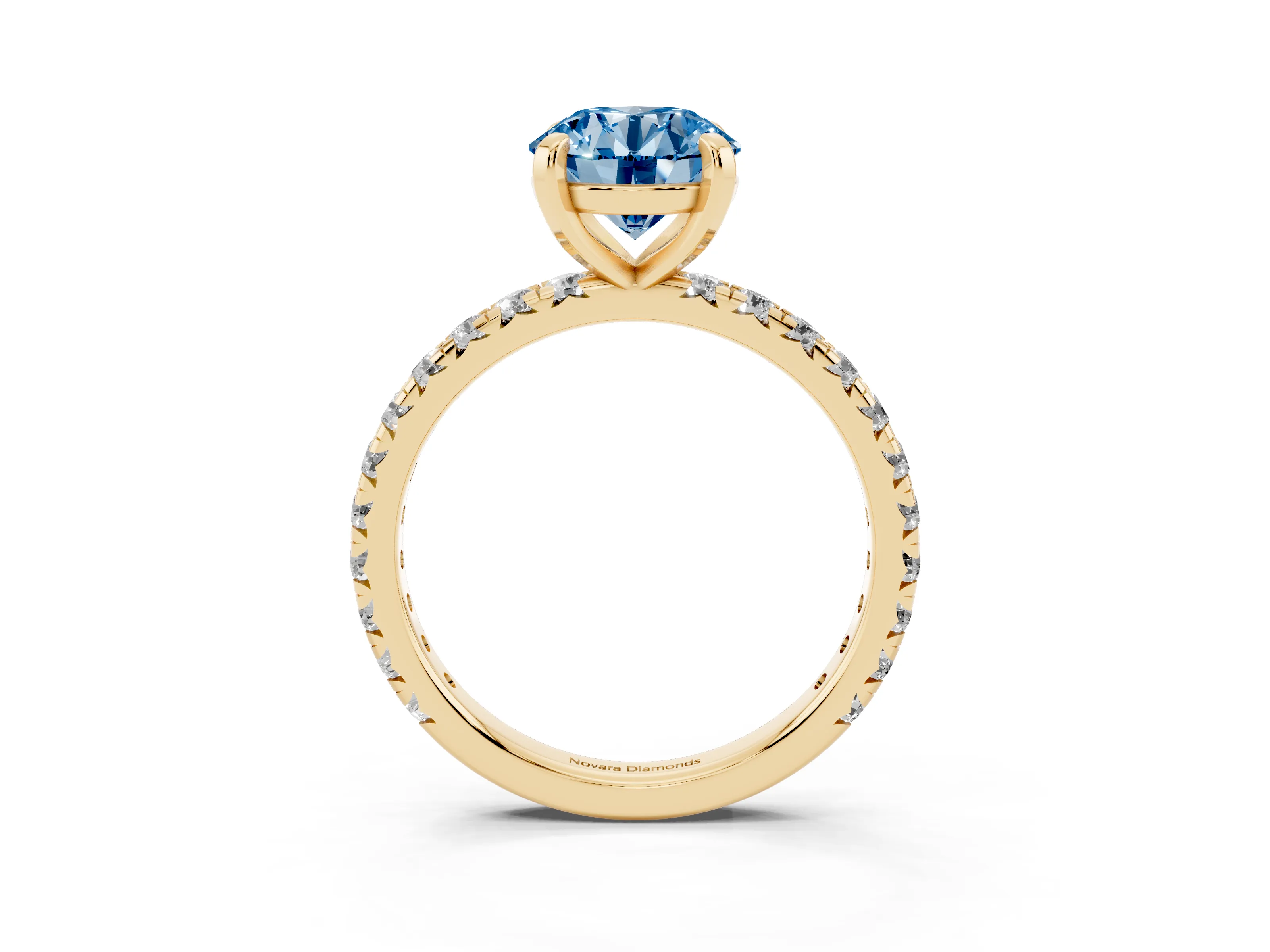 Fancy Blue Round Cut Diamond Pavé Solitaire Ring Set in Yellow gold with Round Band and Prong Setting