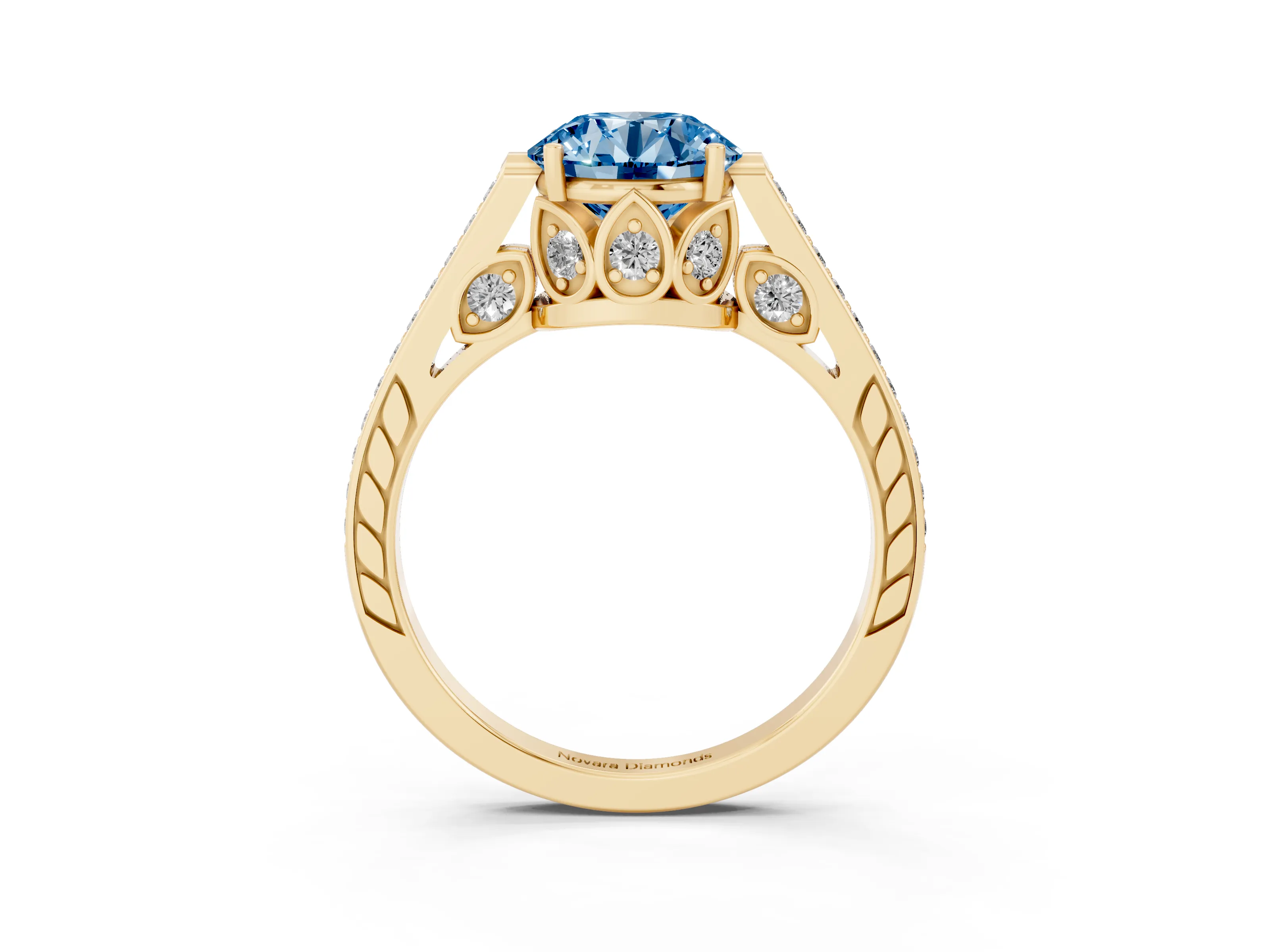 Fancy Blue Round Cut Diamond Cathedral Pavé Engagement Ring Set in Yellow gold with Prong Setting