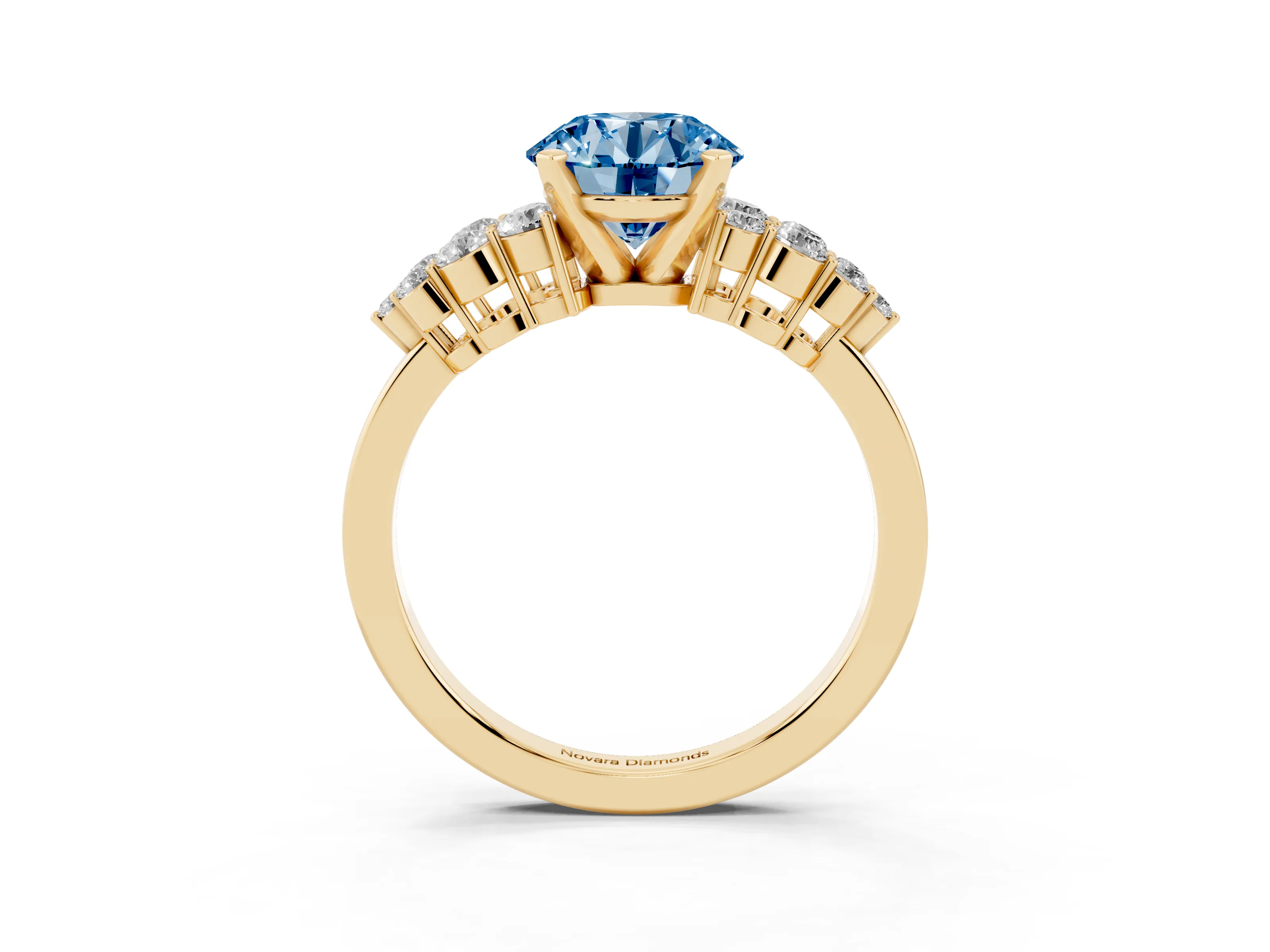 Fancy Blue Round Cut Diamond Cluster Engagement Ring Set in Yellow gold with Pavé Band and Prong Setting