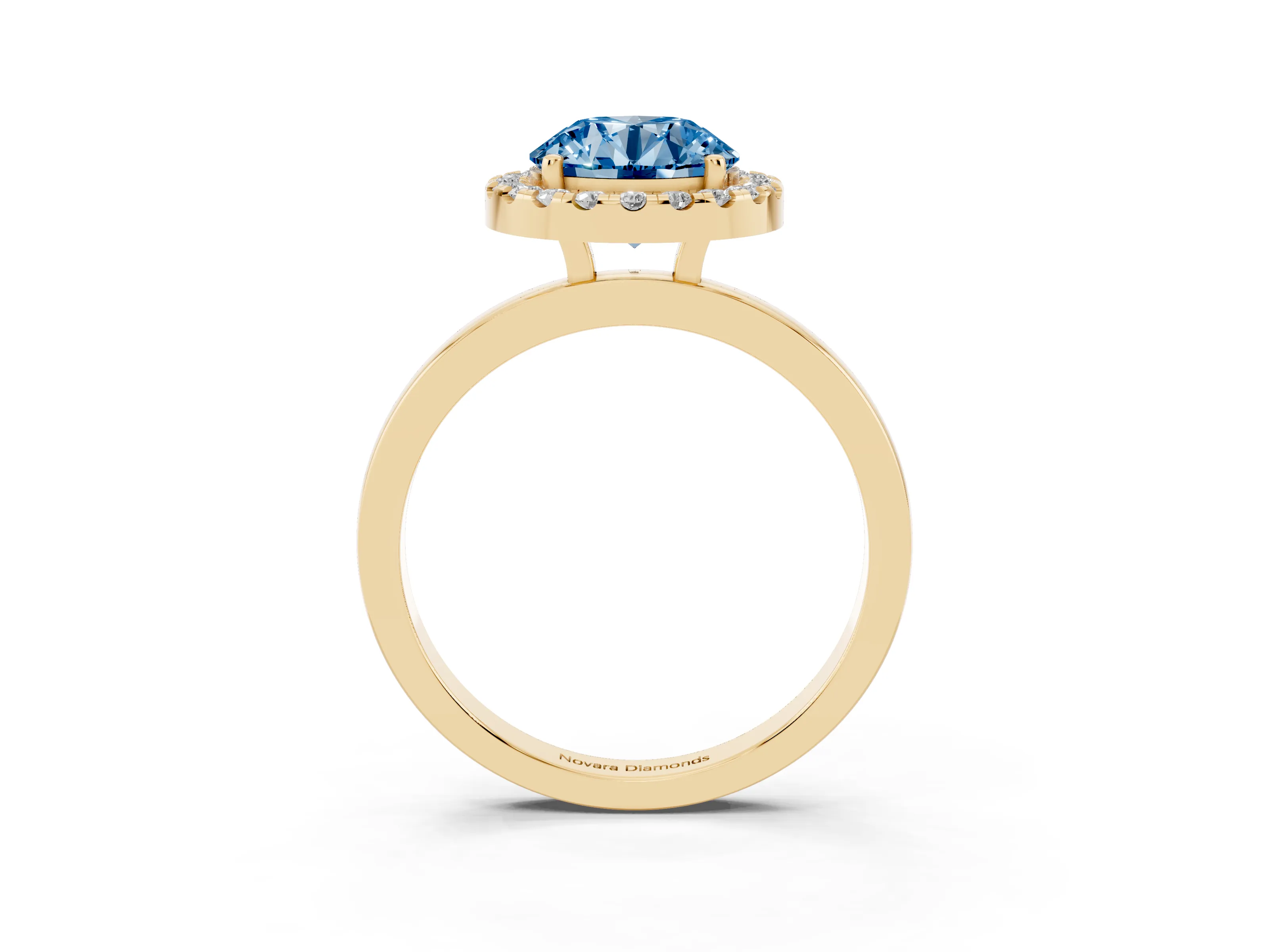 Fancy Blue Round Cut Diamond Halo Solitaire Ring Set in Yellow gold with Pavé Band and Prong Setting