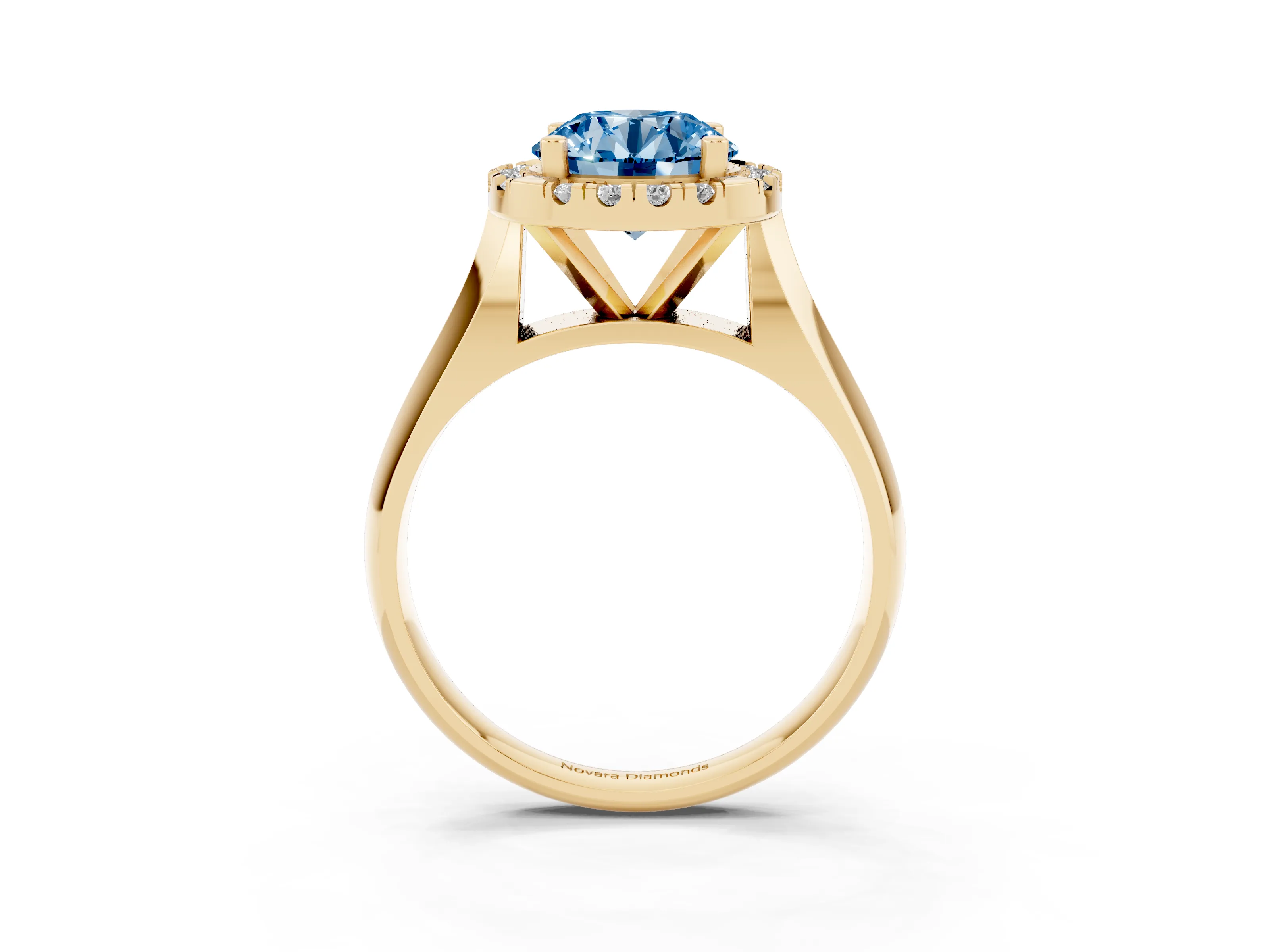 Fancy Blue Round Cut Diamond Halo Solitaire Engagement Ring Set in Yellow gold with Square Band and Prong Setting
