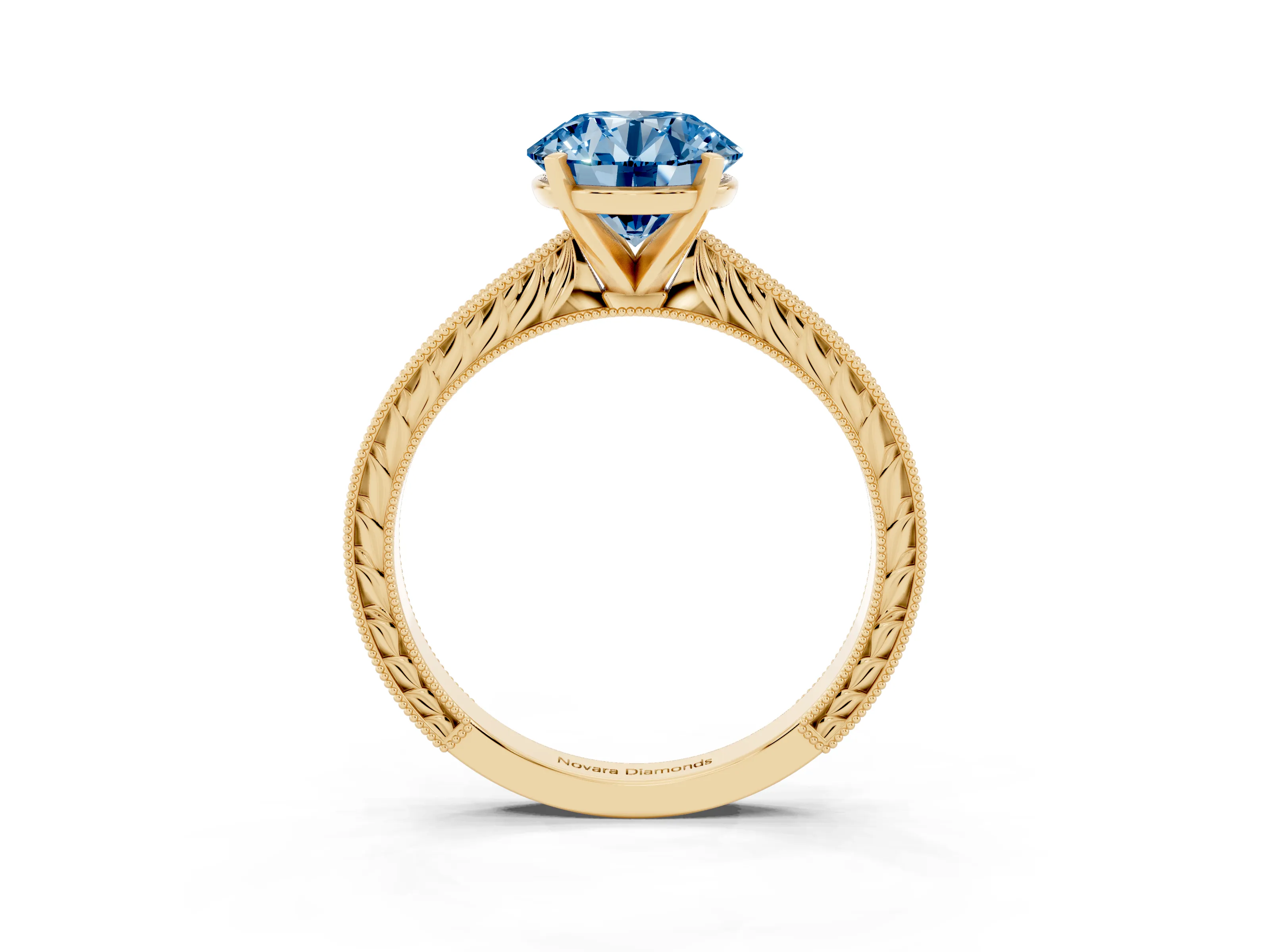 Fancy Blue Round Cut Diamond Solitaire Milgrain Engraved Band Set in Yellow gold with Prong Setting