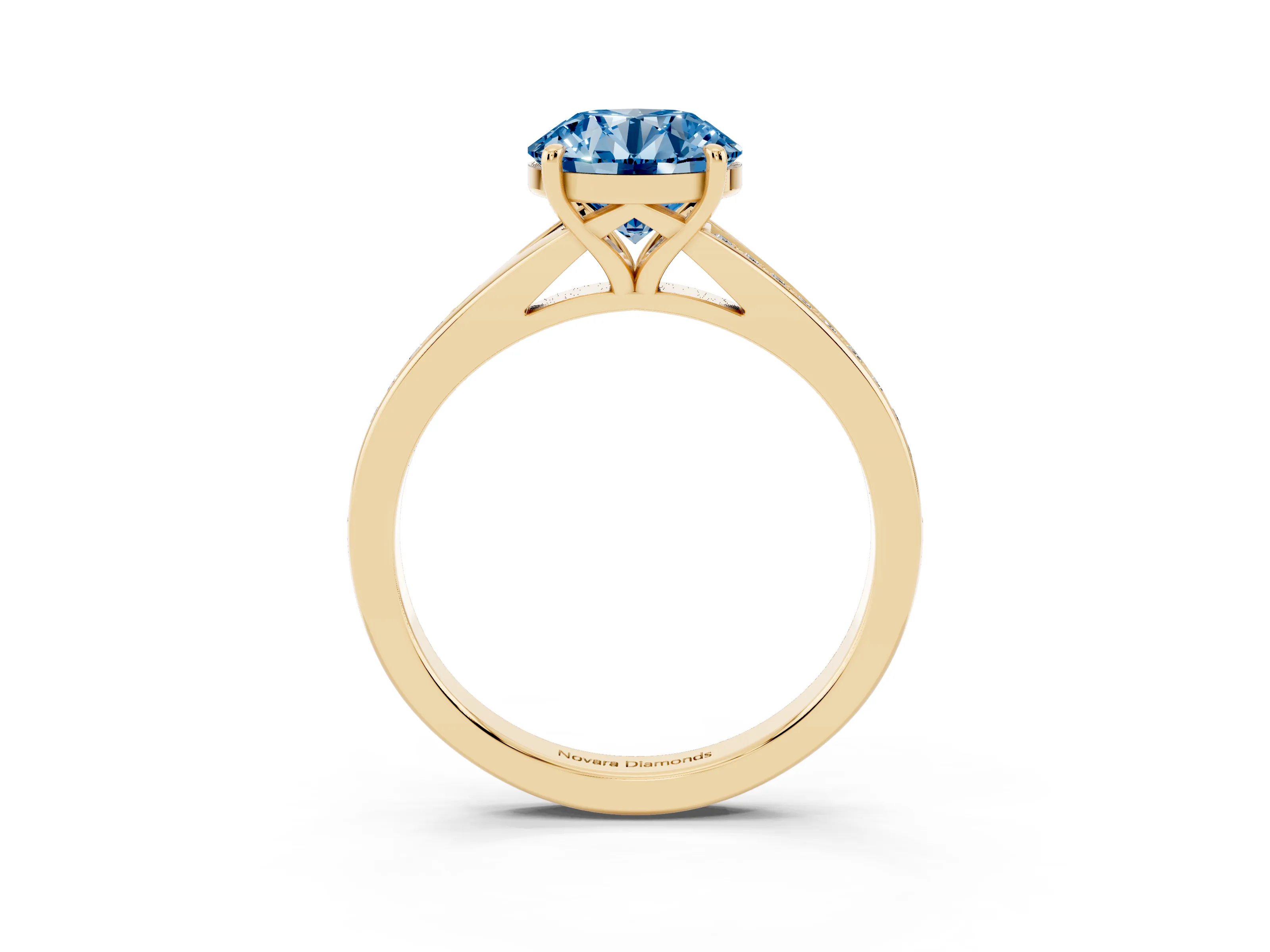 Fancy Blue Round Cut Diamond Solitaire Ring Set in Yellow gold with Pavé Accent Band and Classic Prong Setting
