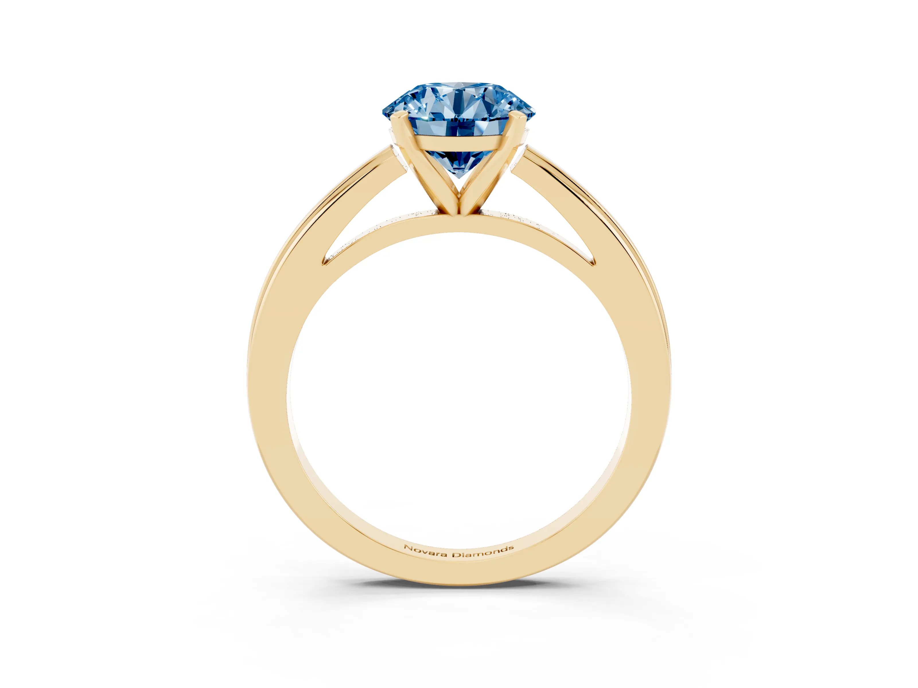 Fancy Blue Round Cut Diamond Solitaire Ring Set in Yellow gold with Prong Setting and Classic Band
