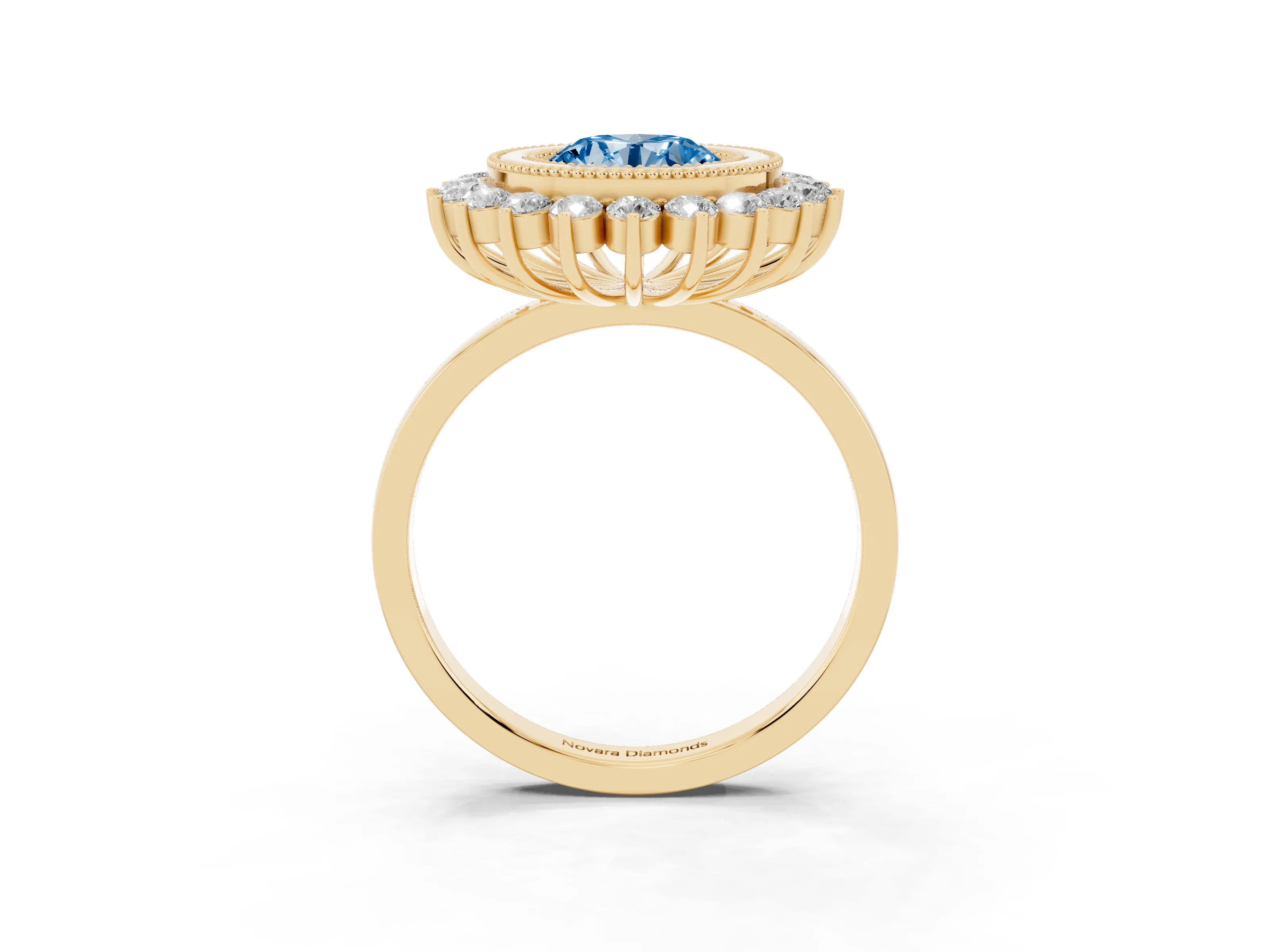 Fancy Blue Round Cut Diamond Halo Ring Set in Yellow gold with Milgrain Edge and Round Prong Setting