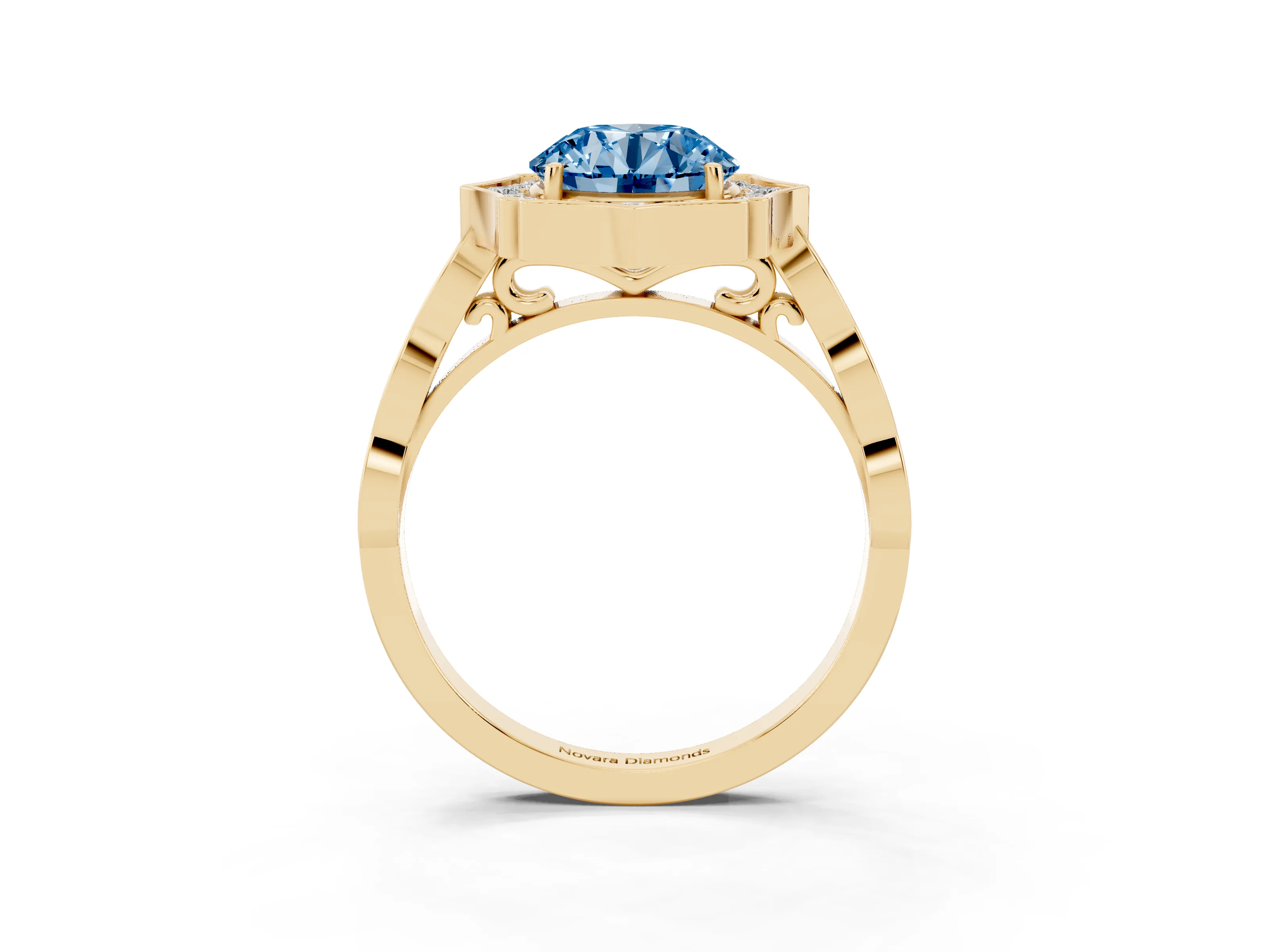 Fancy Blue Round Cut Diamond Halo Engagement Ring Set in Yellow gold with Milgrain Band and Prong Setting