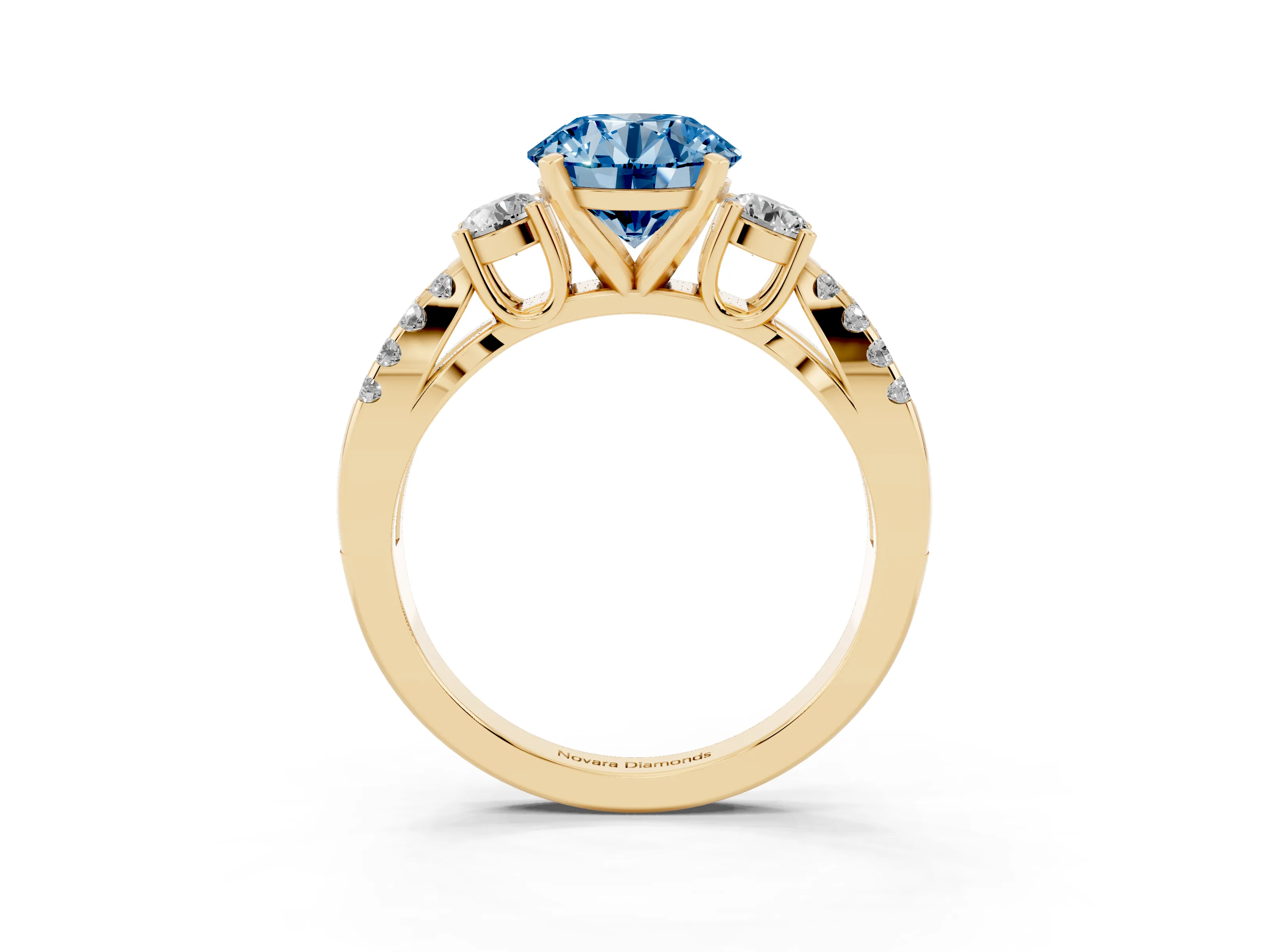 Fancy Blue Round Cut Diamond Three-Stone Ring Set in Yellow gold with Pavé Split Shank and Prong Setting