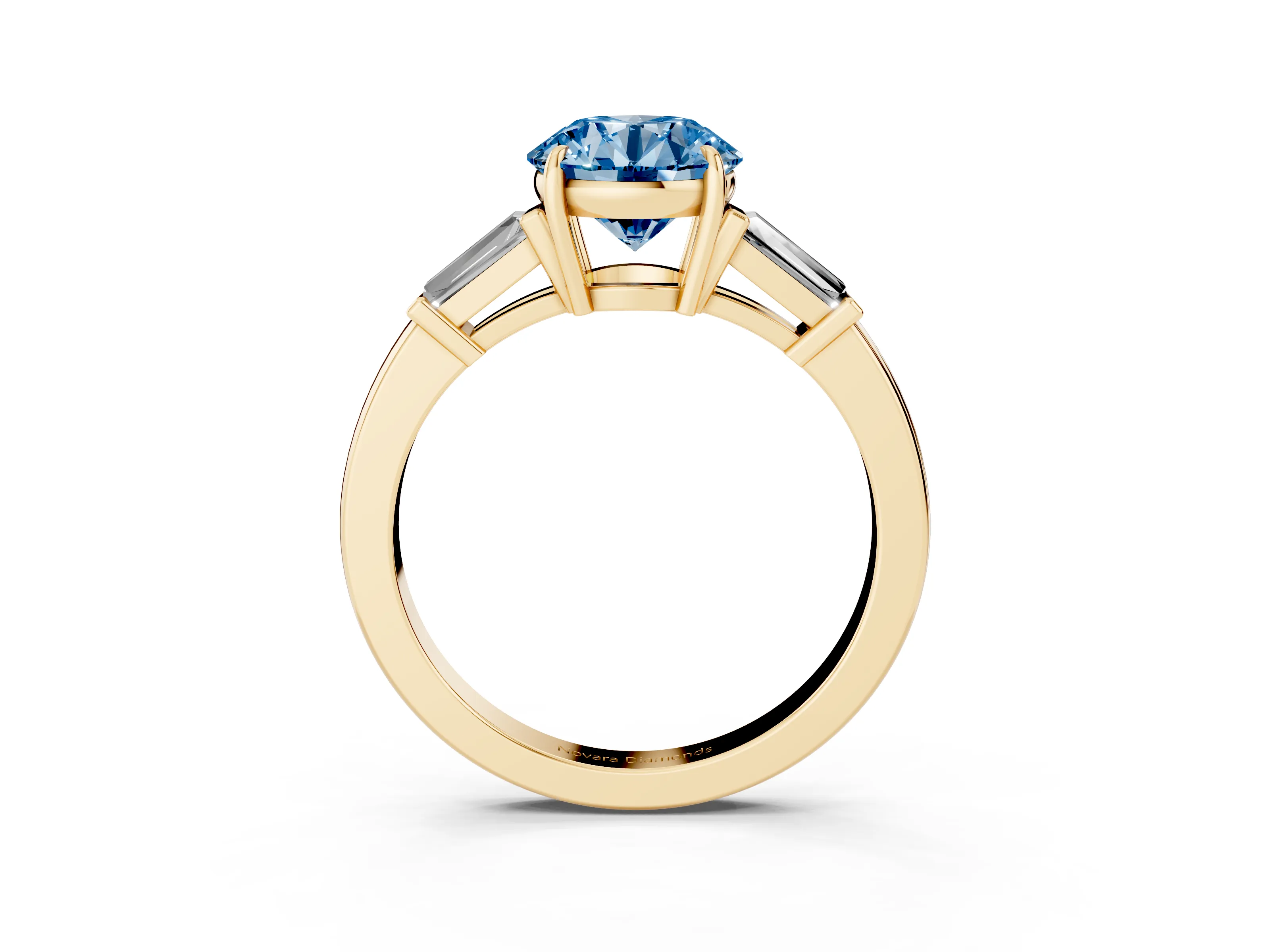 Fancy Blue Round Cut Diamond Three-Stone Ring Set in Yellow gold with Tapered Baguette Side Stones and Prong Setting