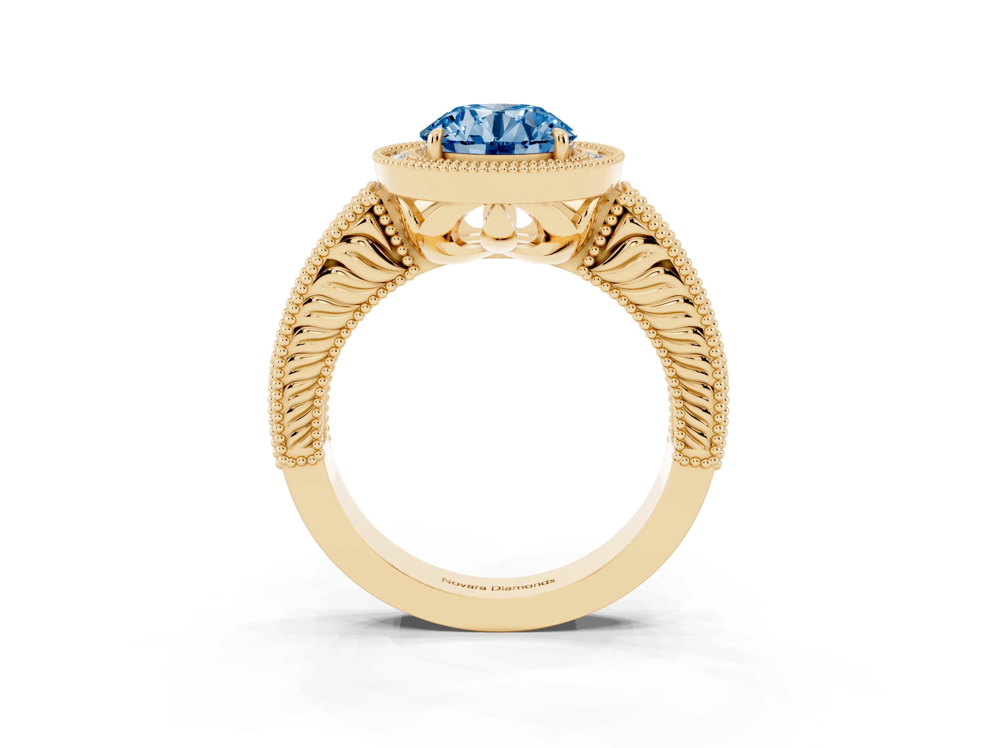 Fancy Blue Round Cut Diamond Halo Ring Set in Yellow gold with Round Accent Halo, Pavé Band and Prong Setting