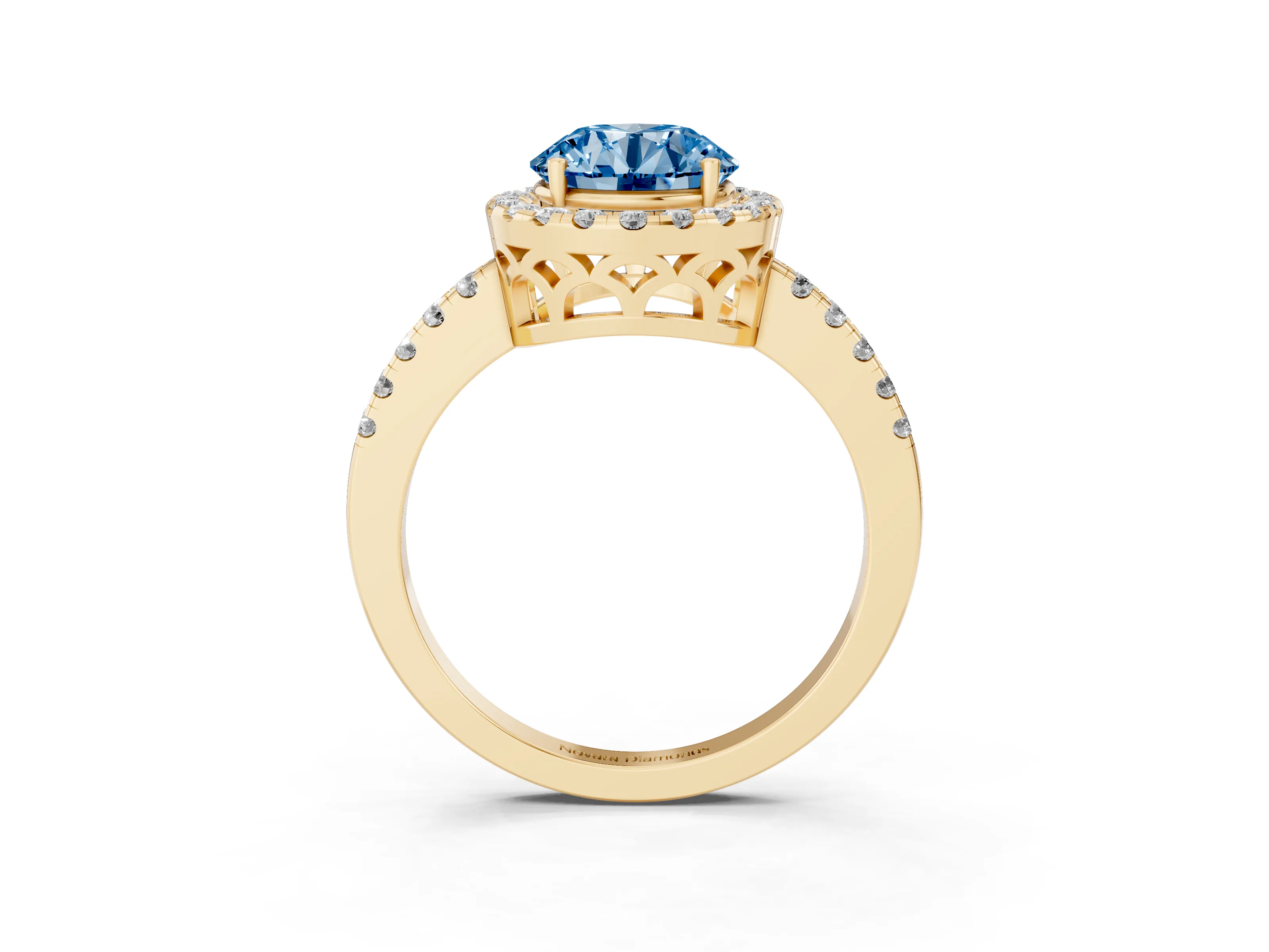 Fancy Blue Round Cut Diamond Pavé Band Halo Engagement Ring Set in Yellow gold with Prong Setting