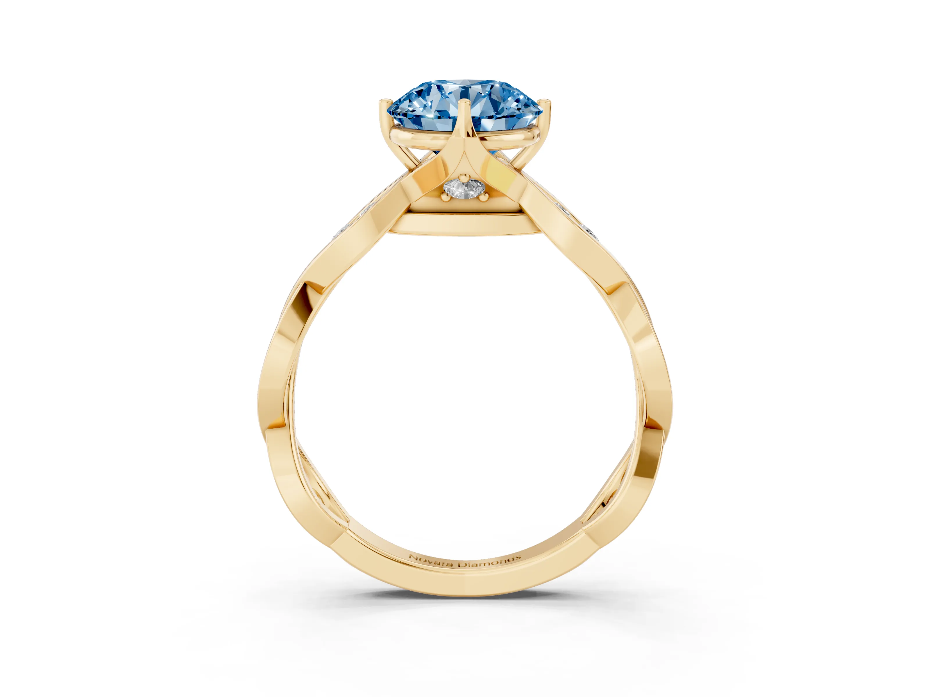 Fancy Blue Round Cut Diamond Twist Band Solitaire Ring Set in Yellow gold with Leaf Prong Setting and Accent Stones