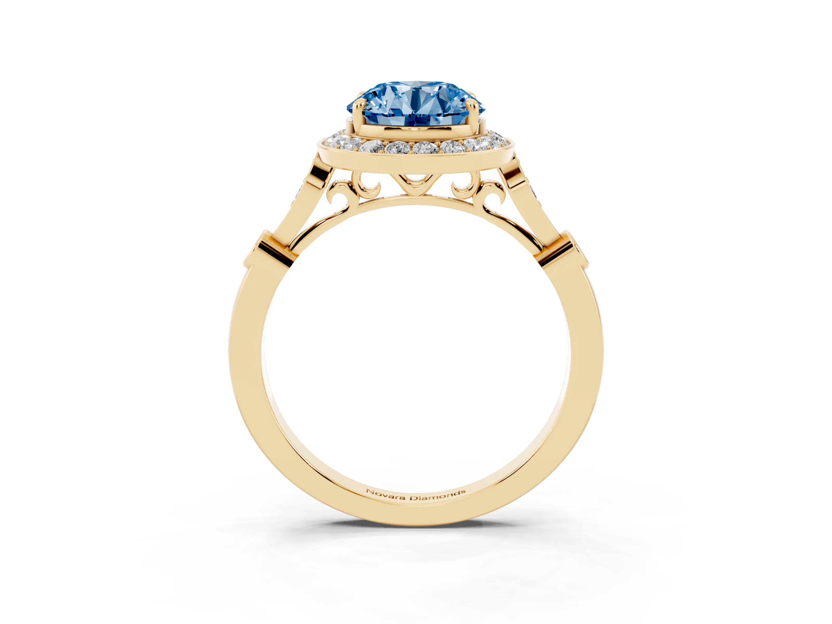 Fancy Blue Round Cut Diamond Halo Engagement Ring Set in Yellow gold with Twisted Band and Prong Setting