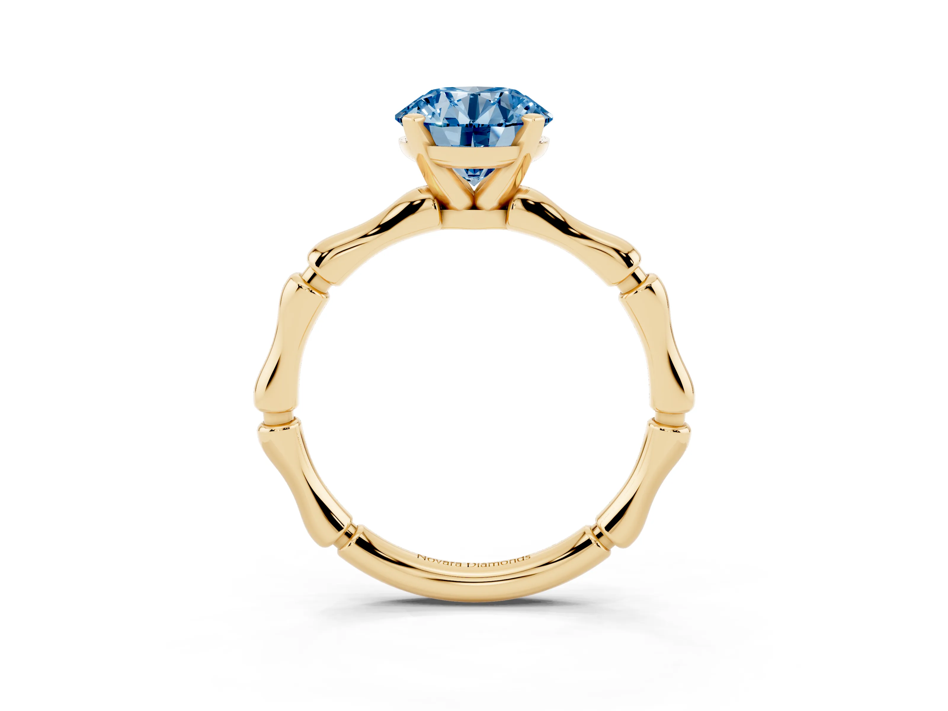 Fancy Blue Round Cut Diamond Solitaire Ring Set in Yellow gold with Bamboo Band and Prong Setting