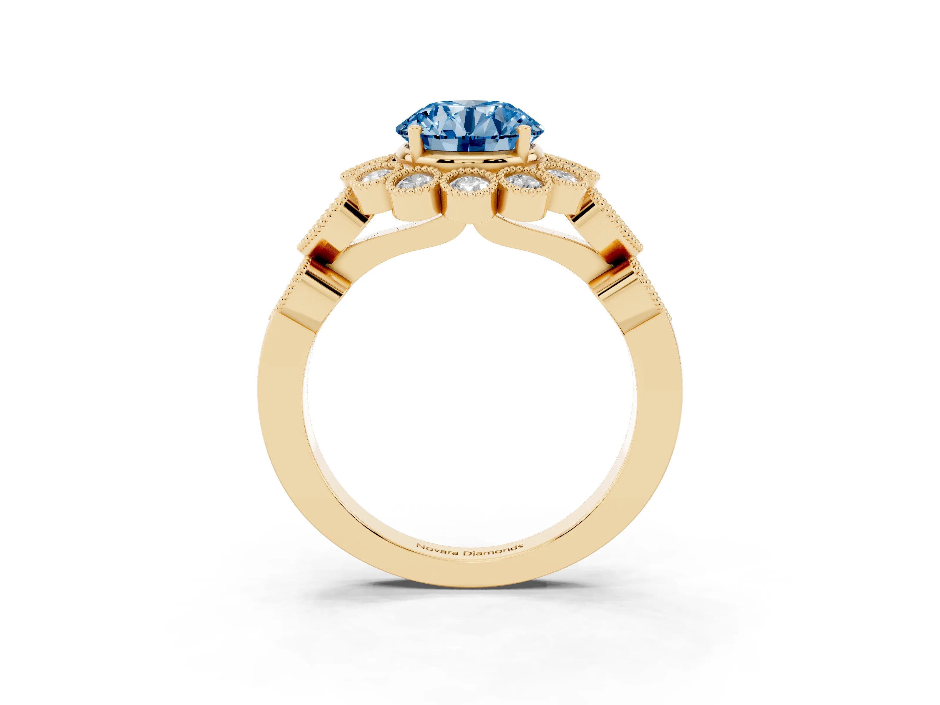 Fancy Blue Round Cut Diamond Solitaire Ring Set in Yellow gold with Milgrain Pavé Heart Band
