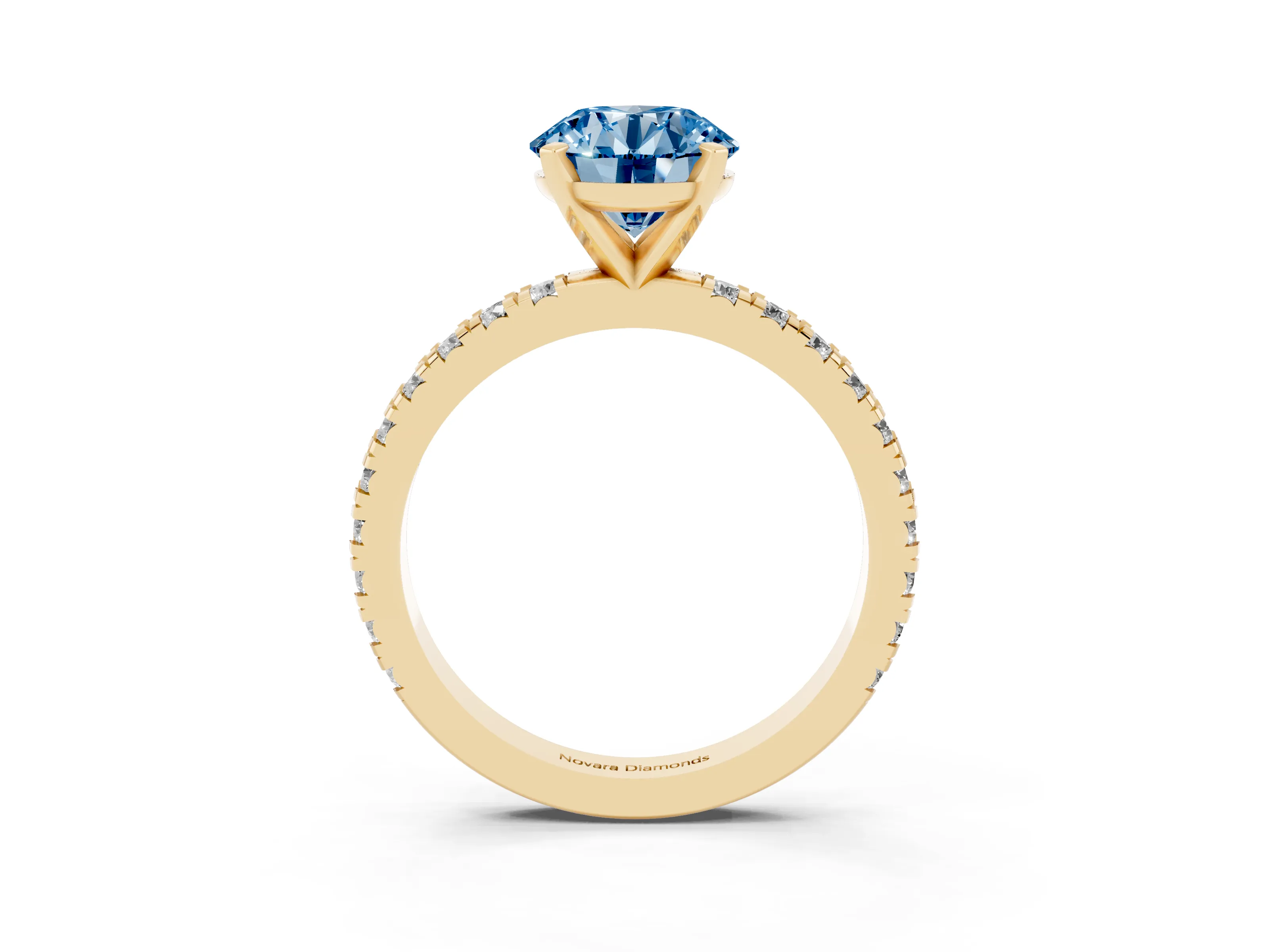Fancy Blue Round Cut Diamond Pavé Band Solitaire Set in Yellow gold with Prong Setting