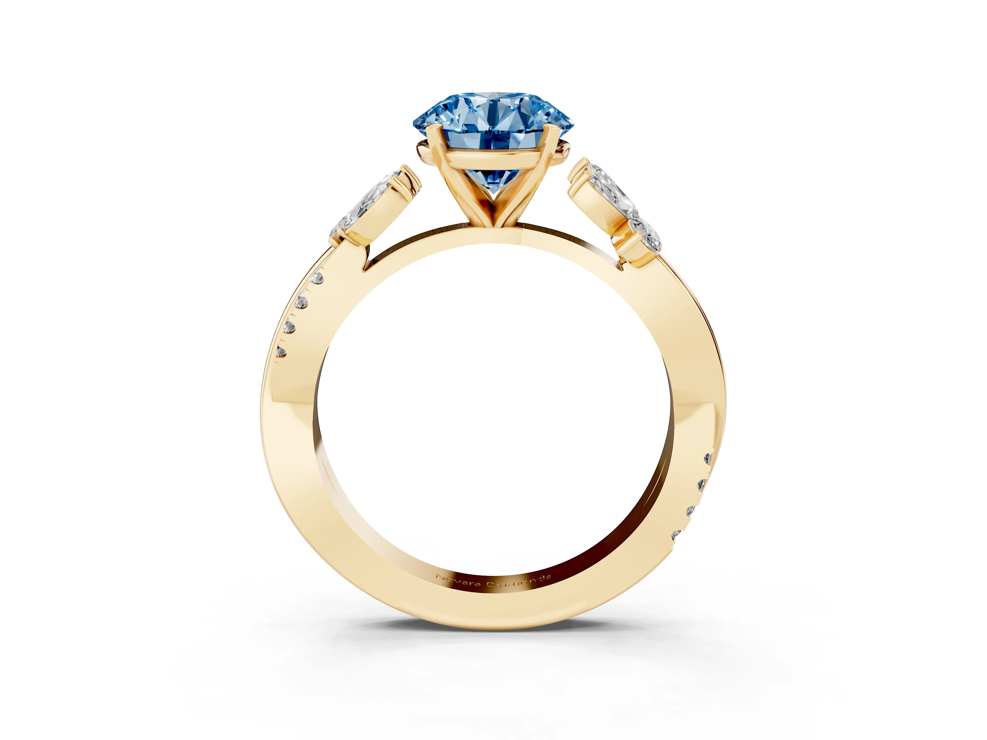 Fancy Blue Round Cut Diamond Floral Vine Solitaire Engagement Ring Set in Yellow gold with Marquise Leaves