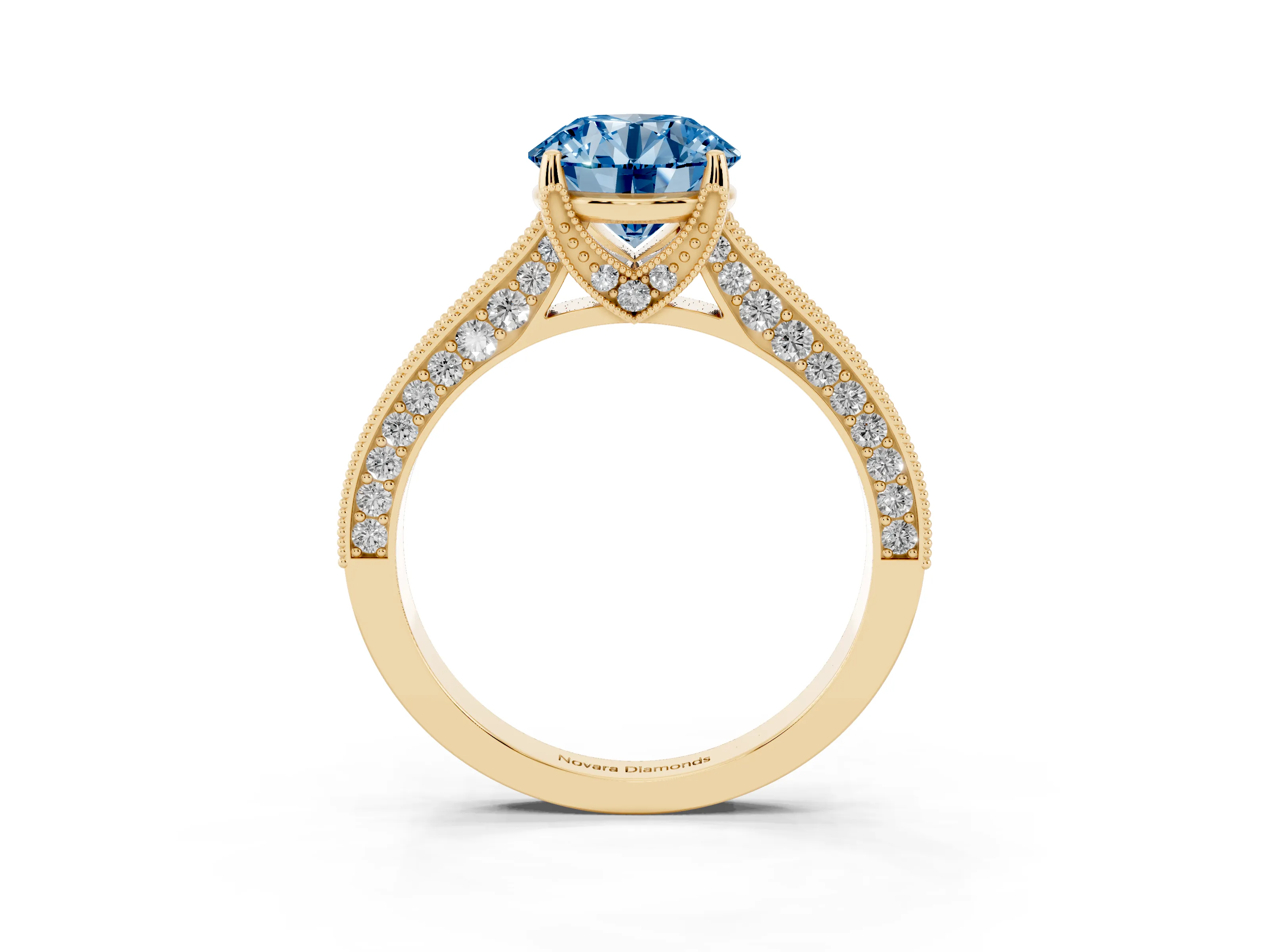 Fancy Blue Round Cut Diamond Solitaire Ring Set in Yellow gold with Milgrain-Edged Pavé Band and Prong Setting