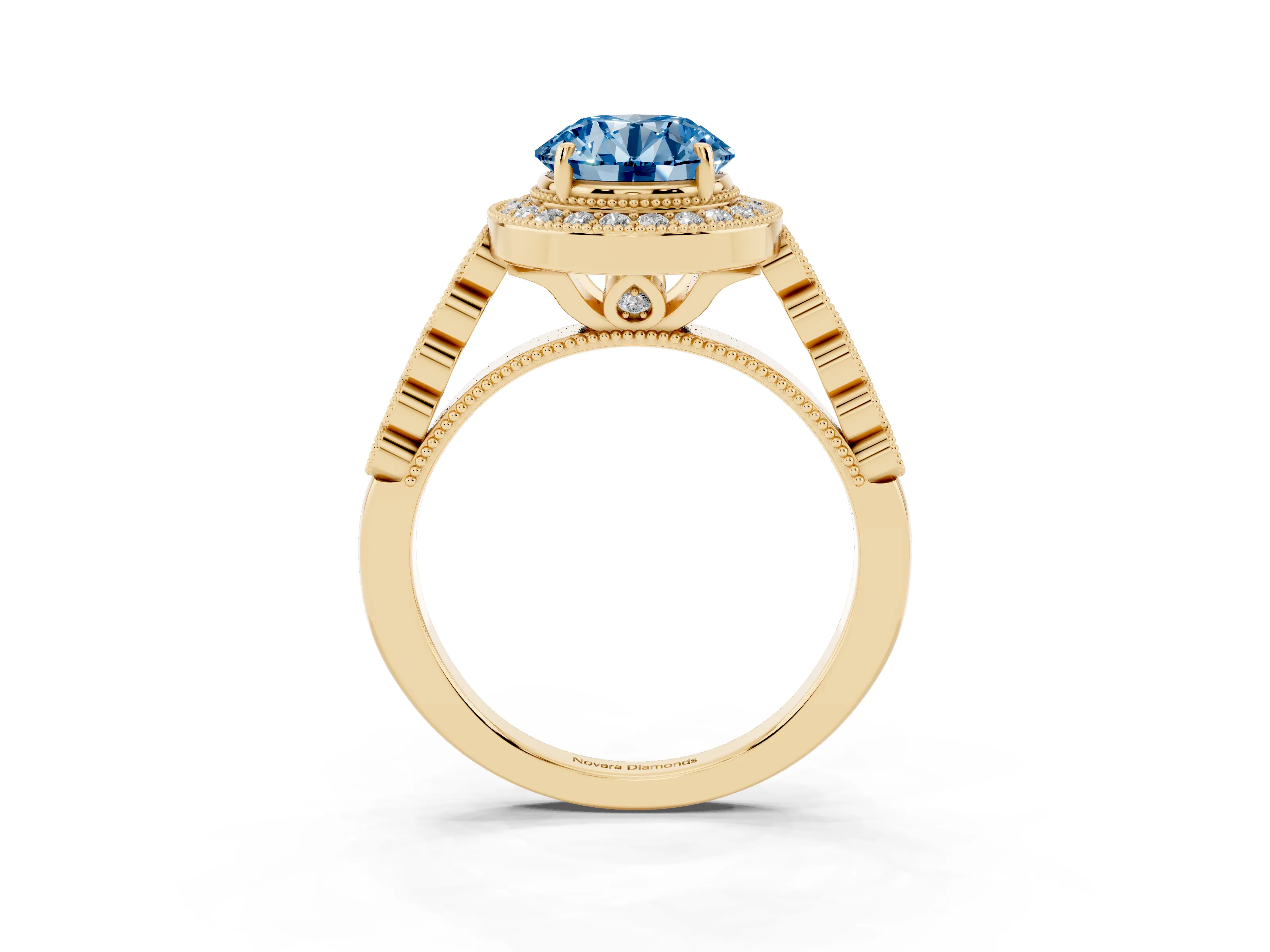 Fancy Blue Round Cut Diamond Milgrain Halo Solitaire Ring Set in Yellow gold with Bezel Set Side Stones and Pavé Band