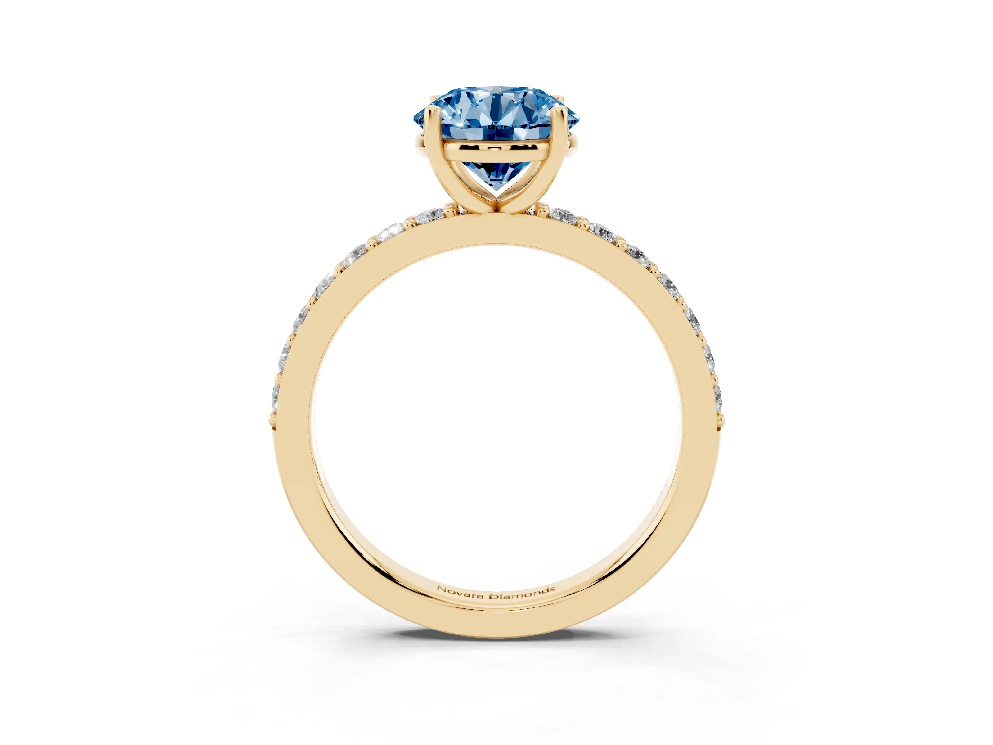 Fancy Blue Round Cut Diamond Solitaire Set in Yellow gold with Round Pavé Band and Prong Setting