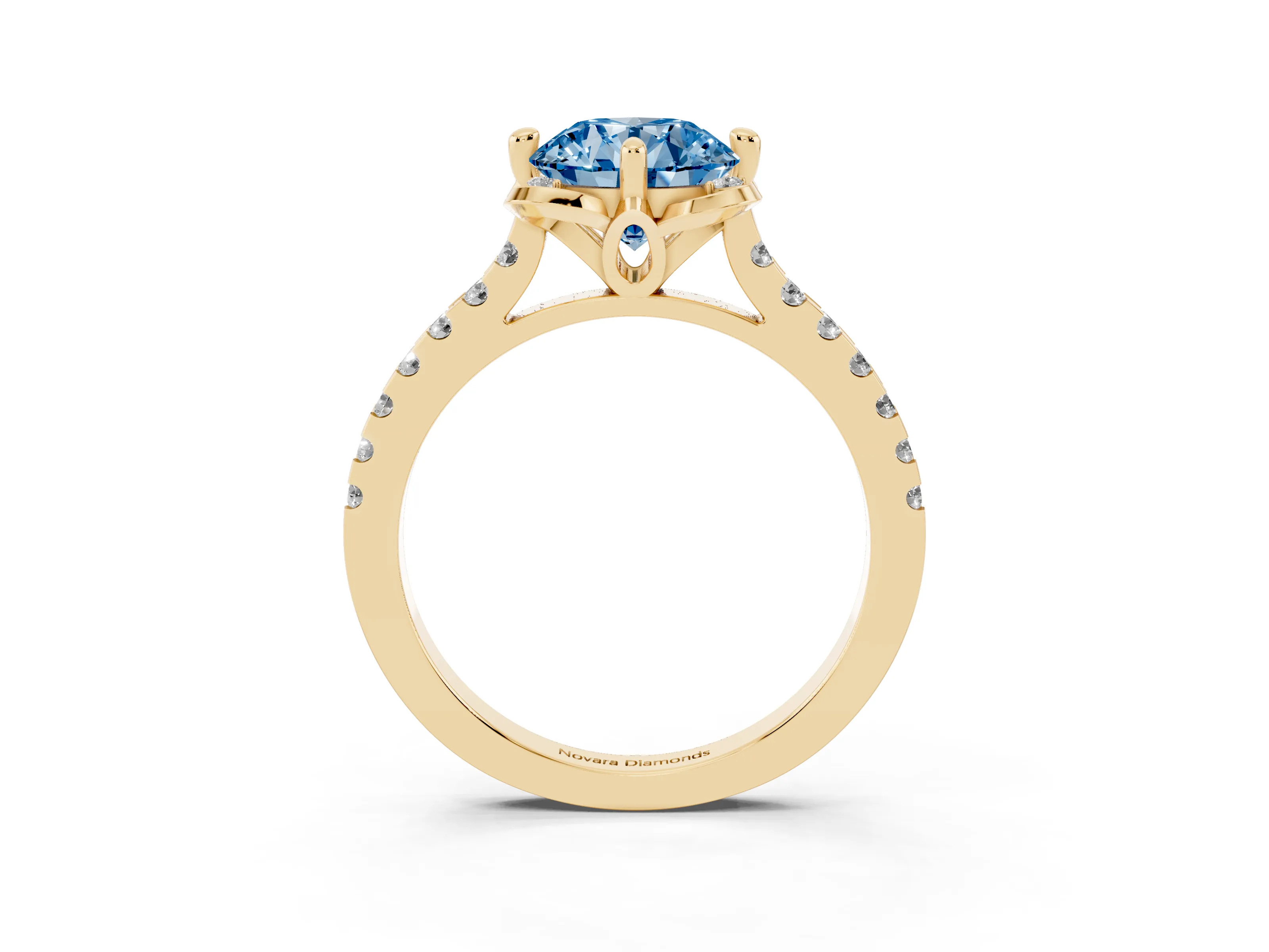 Fancy Blue Round Cut Diamond Solitaire Ring Set in Yellow gold with Pavé Band and Floral Prong Setting