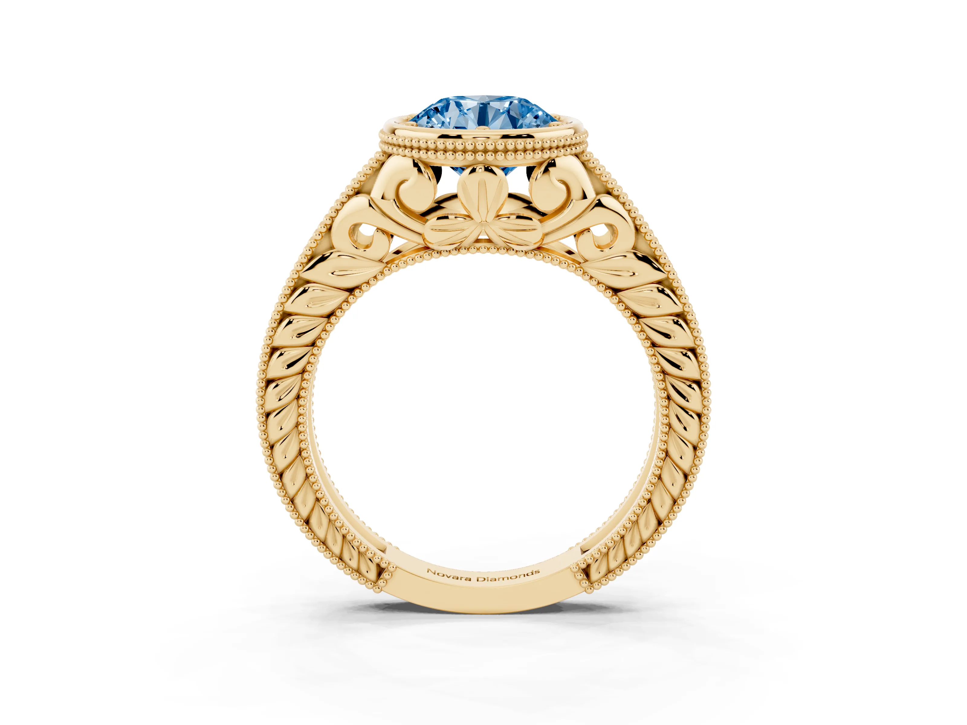 Fancy Blue Bezel Set Round Cut Diamond Milgrain Pavé Engagement Ring Set in Yellow gold