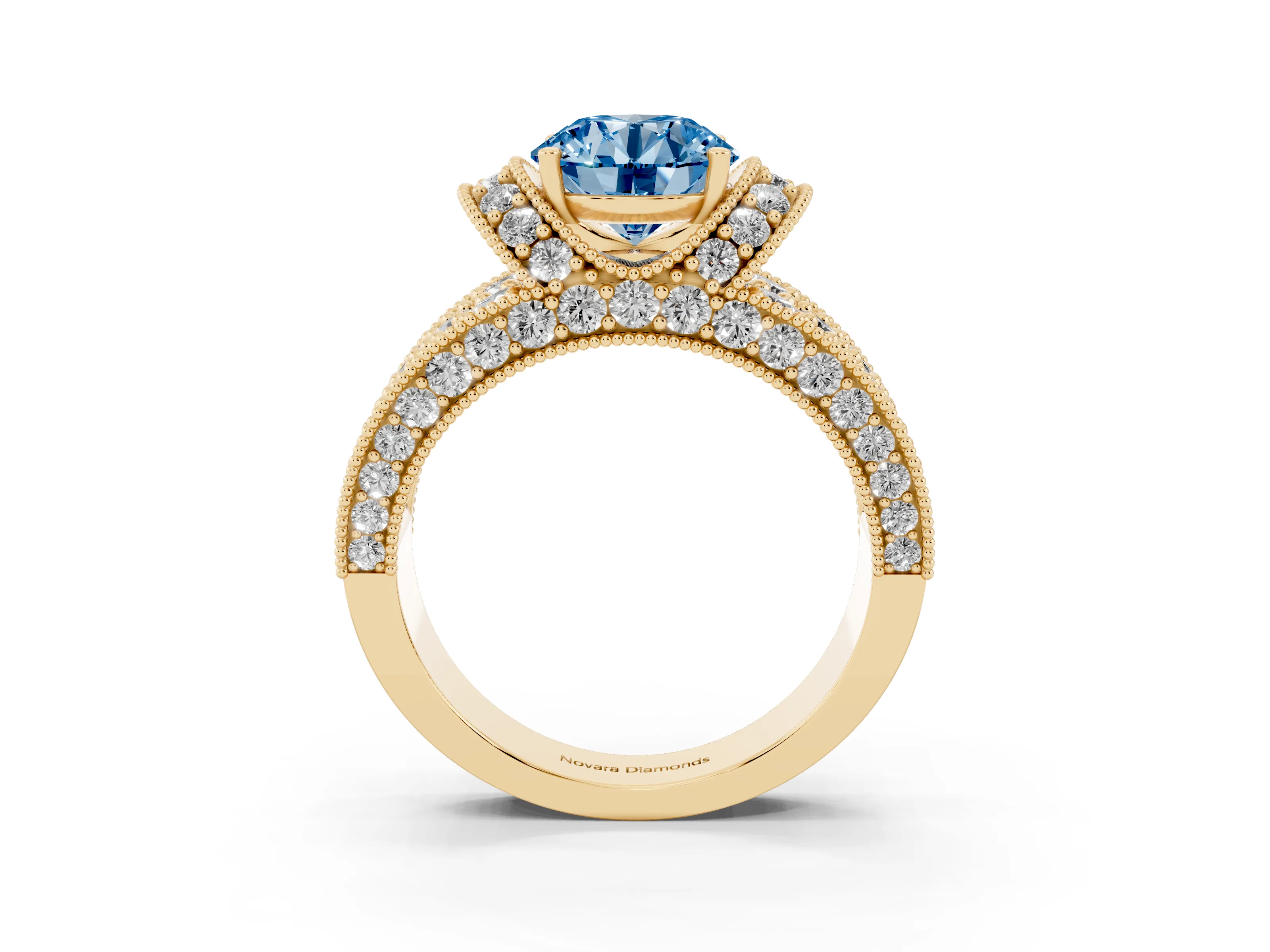 Fancy Blue Round Cut Diamond Milgrain Halo Pavé Engagement Ring Set in Yellow gold with Prong Setting