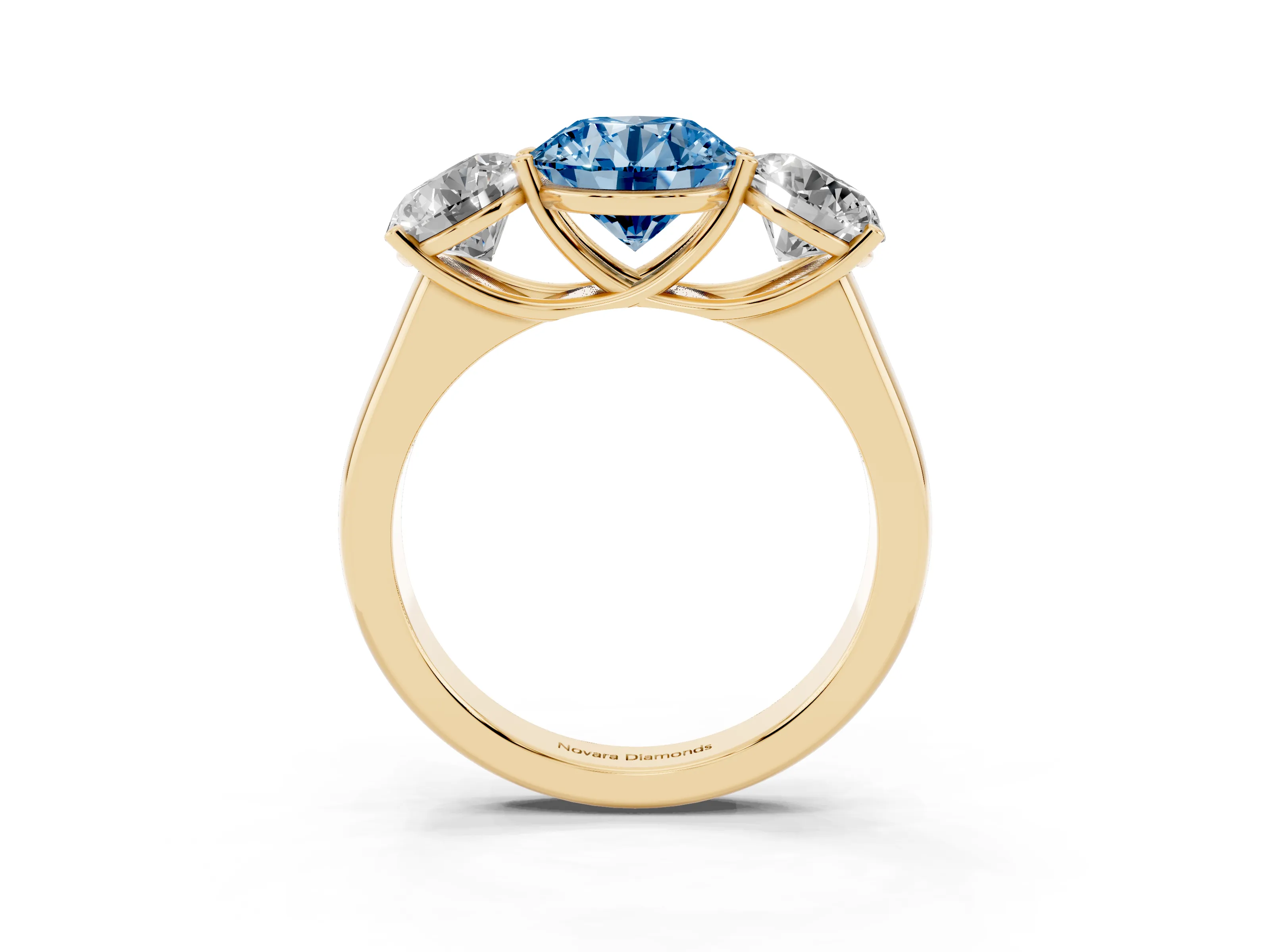 Fancy Blue Round Cut Diamond Three-Stone Ring Set in Yellow gold with Plain Polished Band