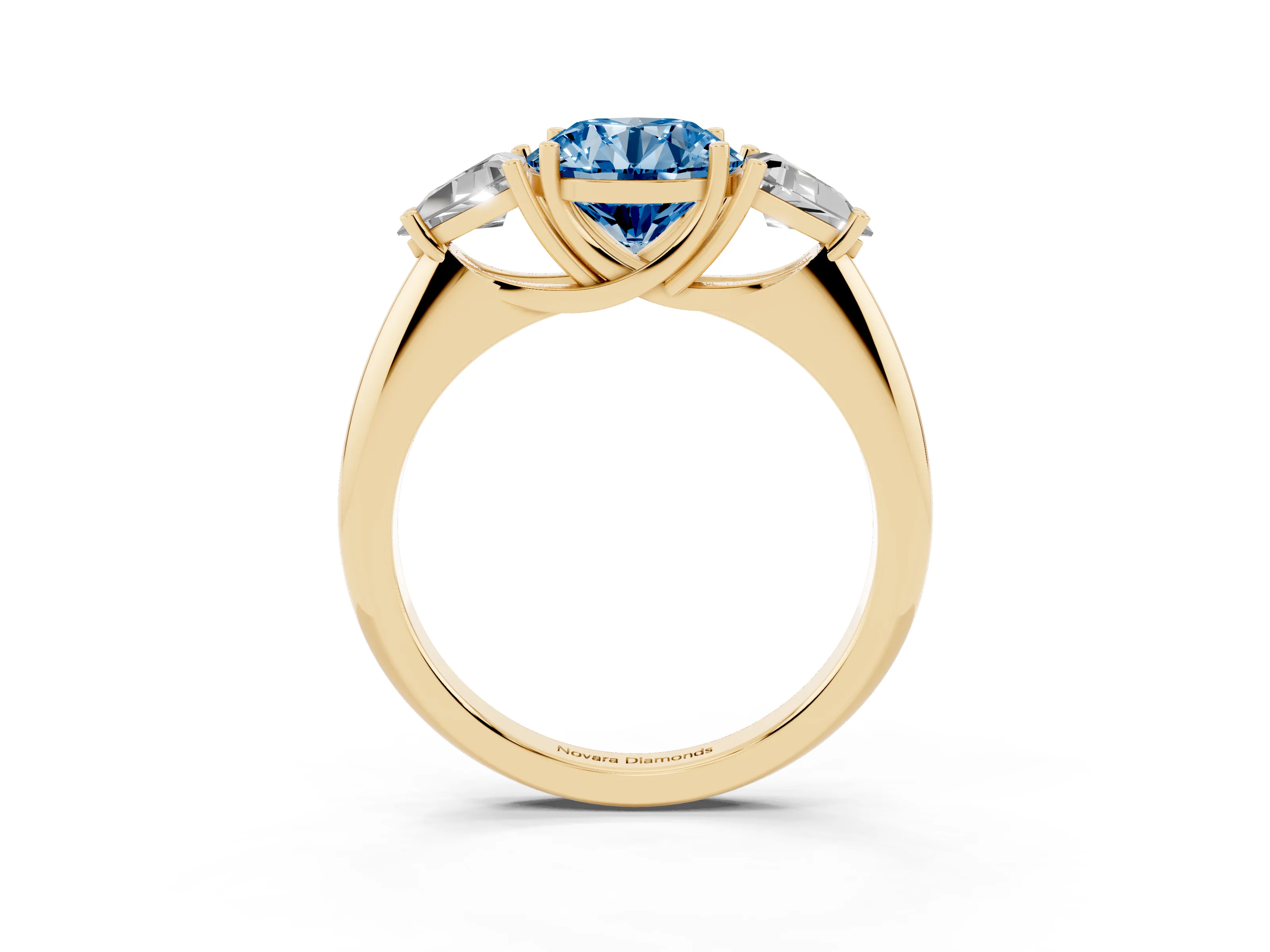 Fancy Blue Round Cut Diamond Three-Stone Engagement Ring Set in Yellow gold with Trillion Side Stones