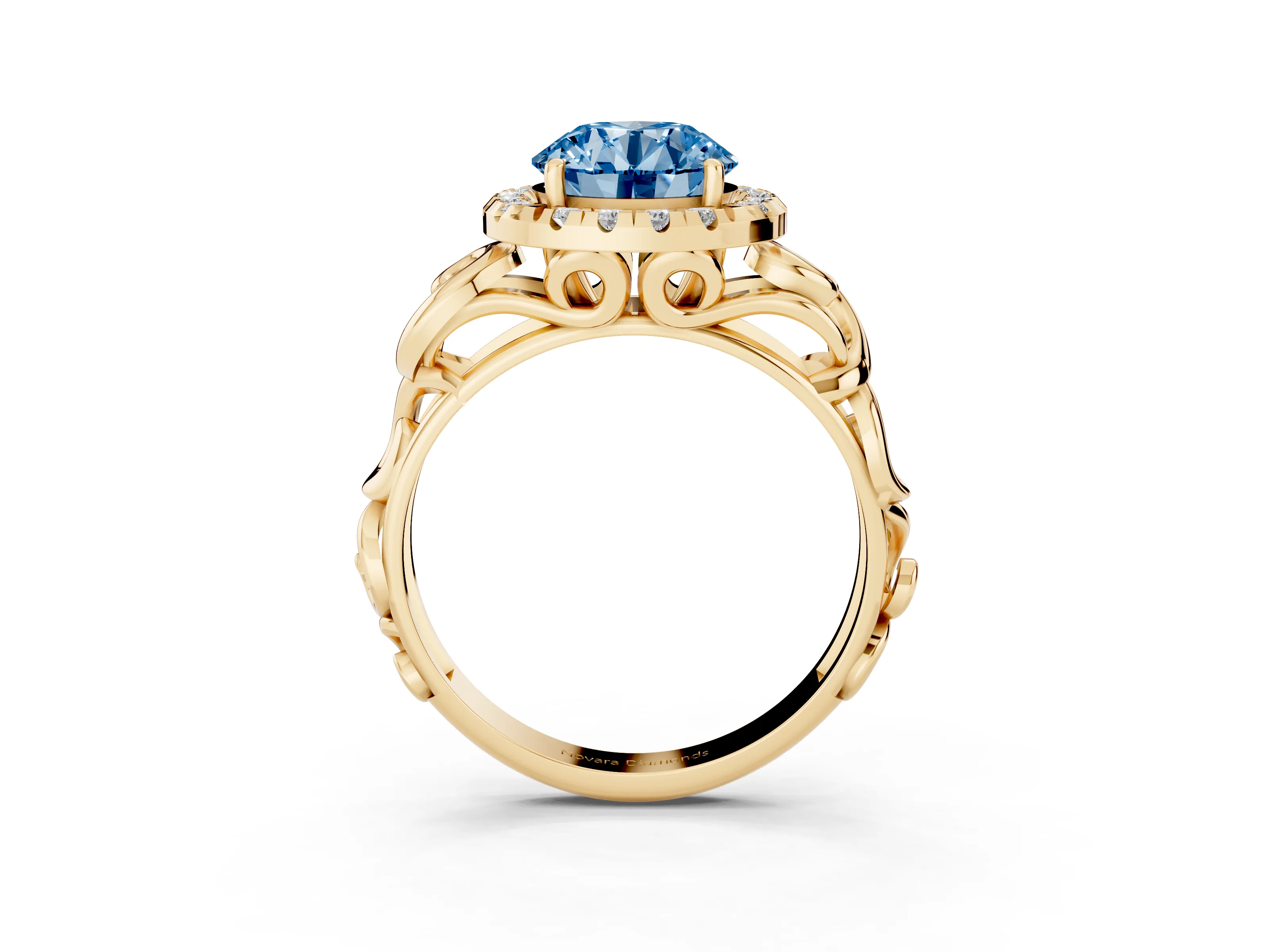 Fancy Blue Round Cut Diamond Halo Ring Set in Yellow gold with Scrollwork Band and Prong Setting