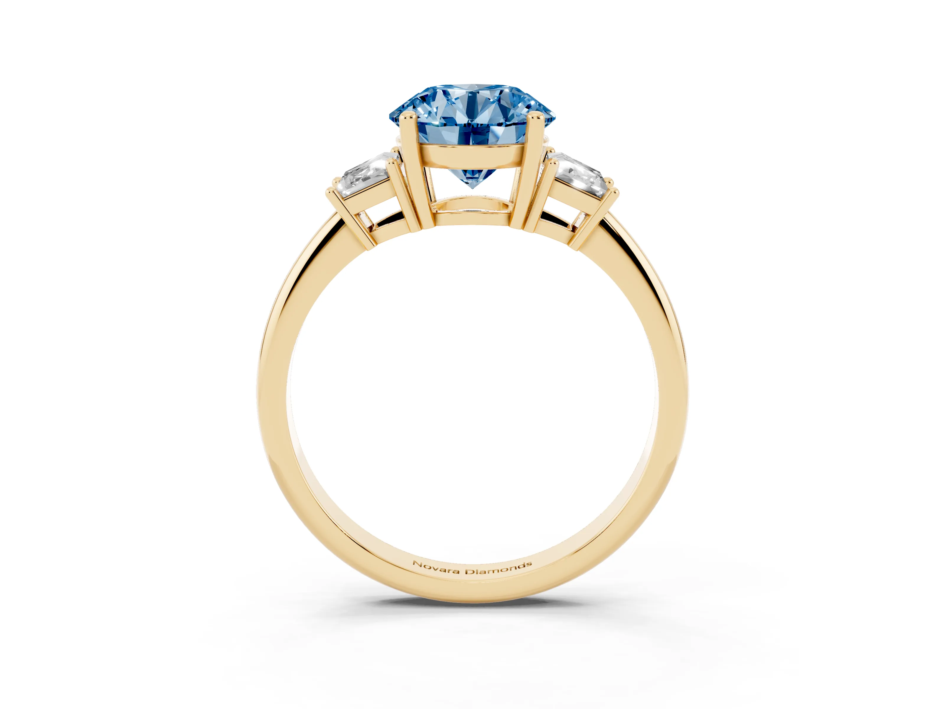 Fancy Blue Round Cut Diamond Three-Stone Ring Set in Yellow gold with Trapezoid Side Stones and Prong Setting