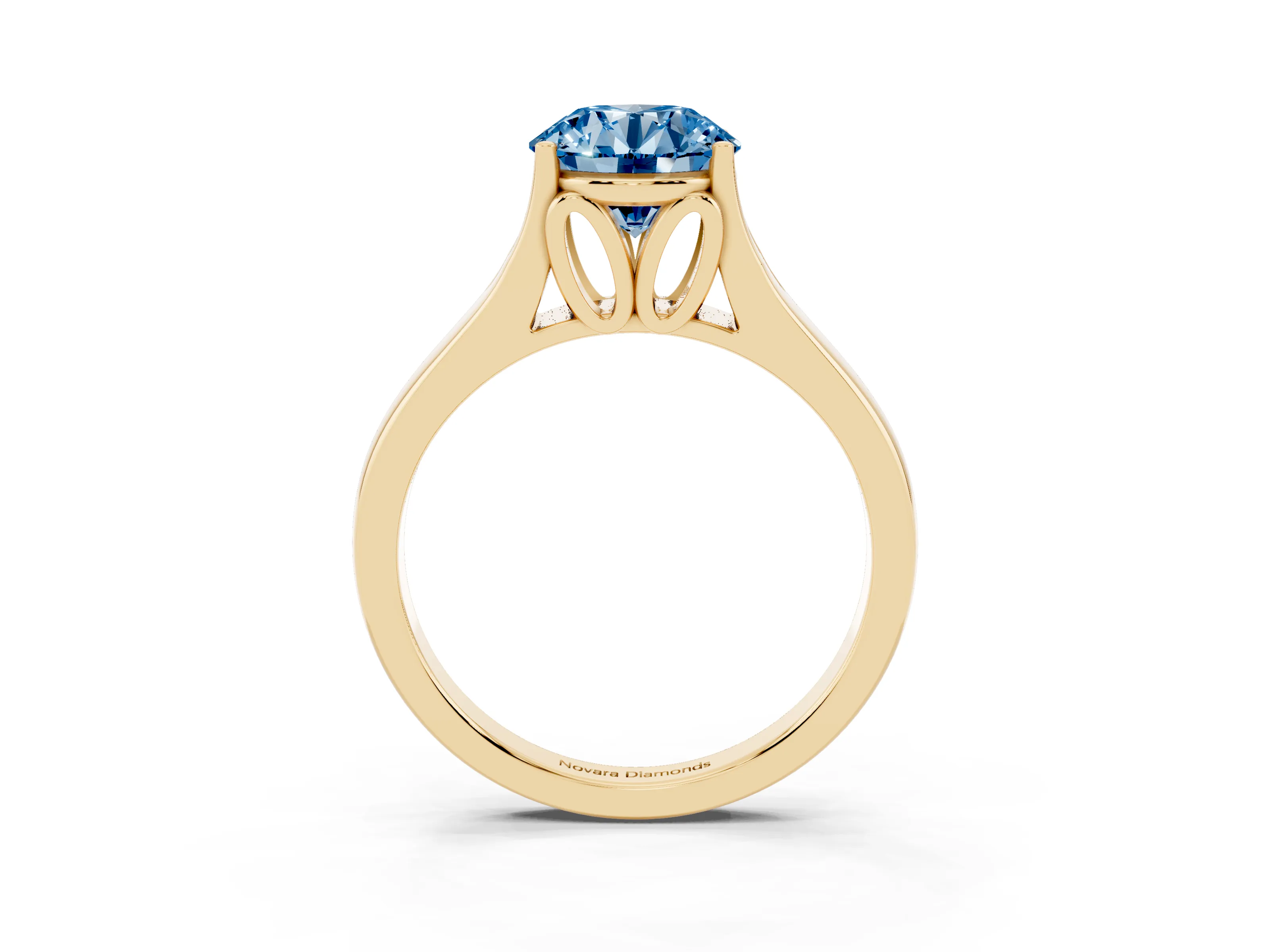 Fancy Blue Round Cut Diamond Solitaire Ring Set in Yellow gold with Arched Cathedral Band and Prong Setting